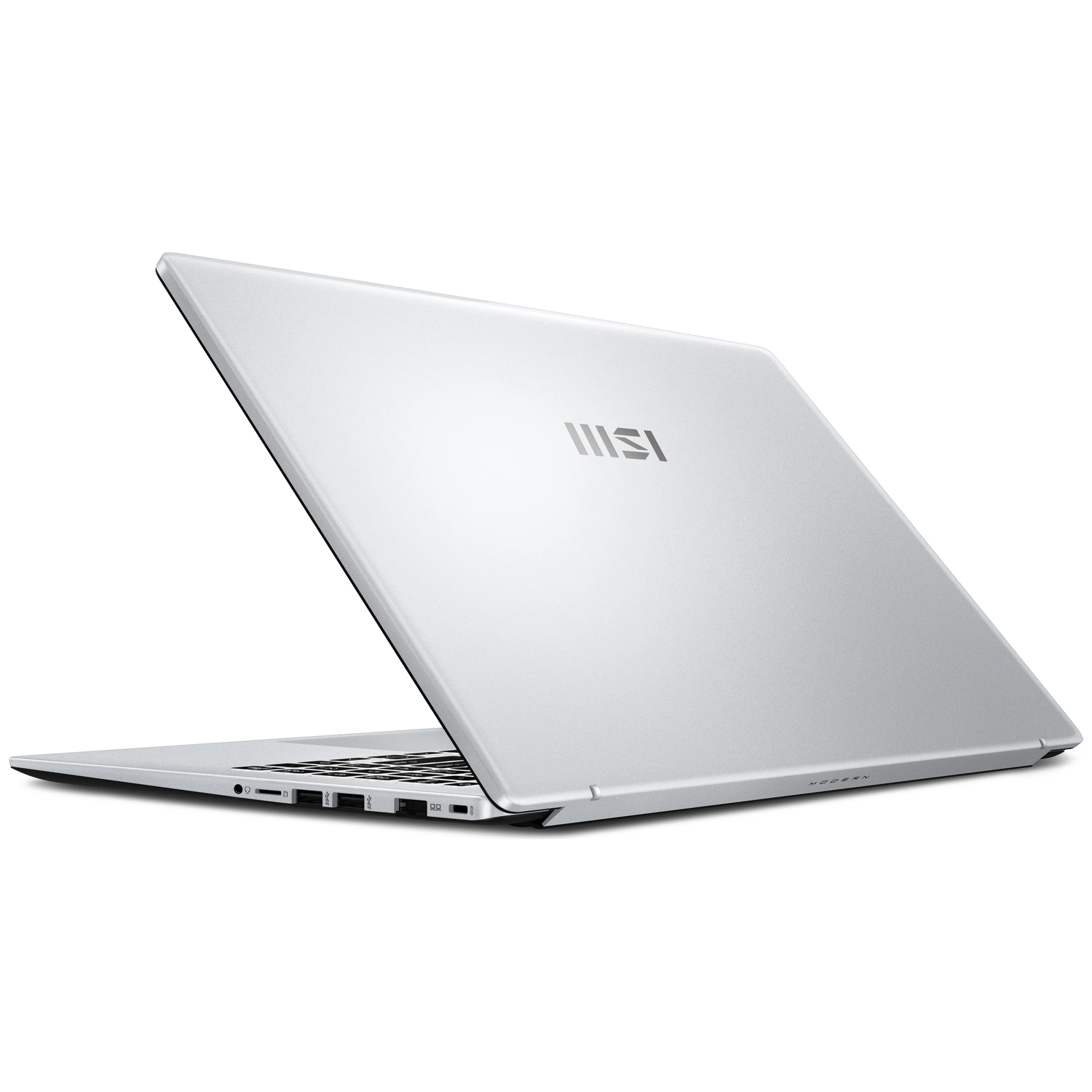 Silver laptop on a white background. The lid is open, revealing the keyboard and ports. MSI logo visible on the lid.