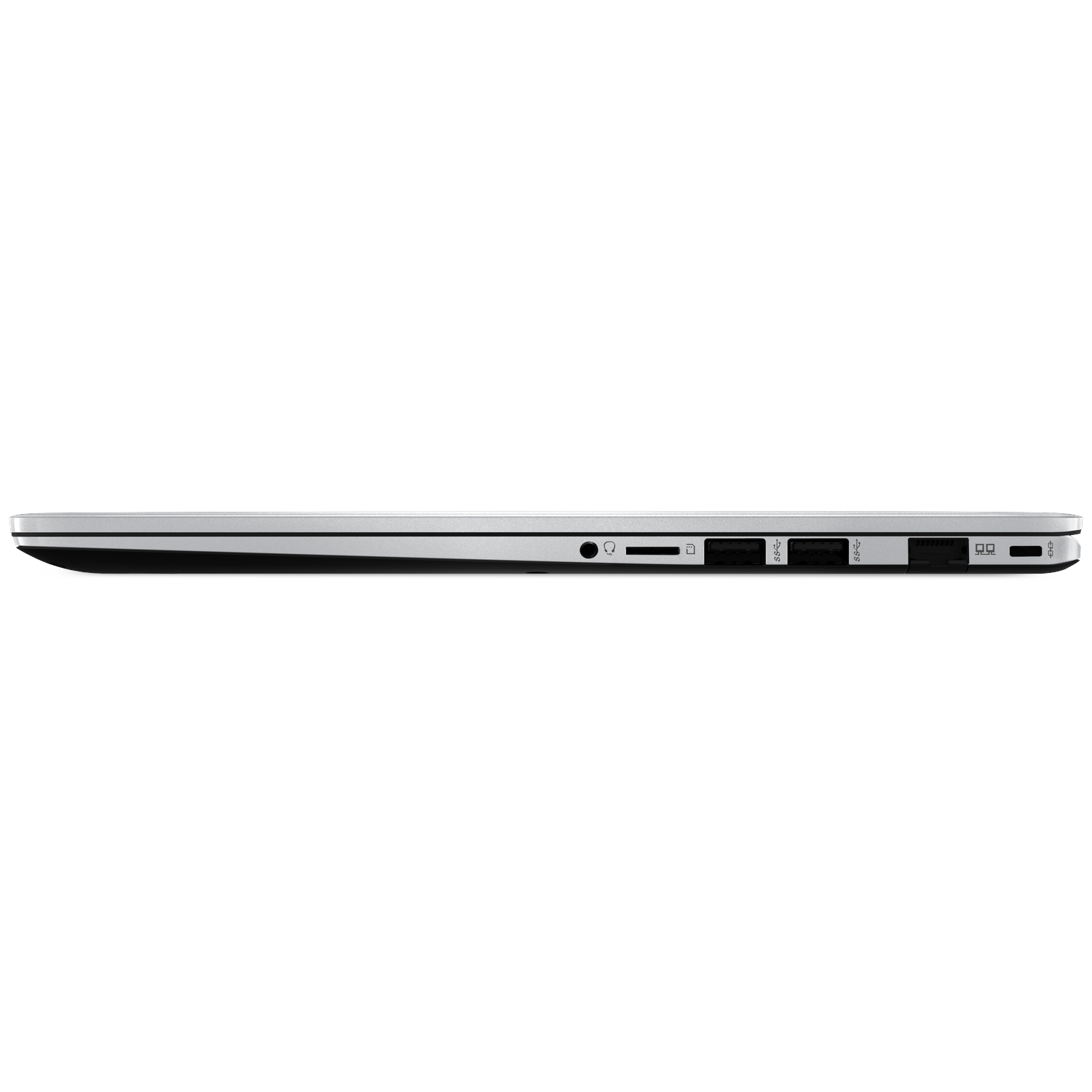 Side view of a silver laptop. Ports include audio, SD card, USB, and power. The bottom is black, the top is silver.