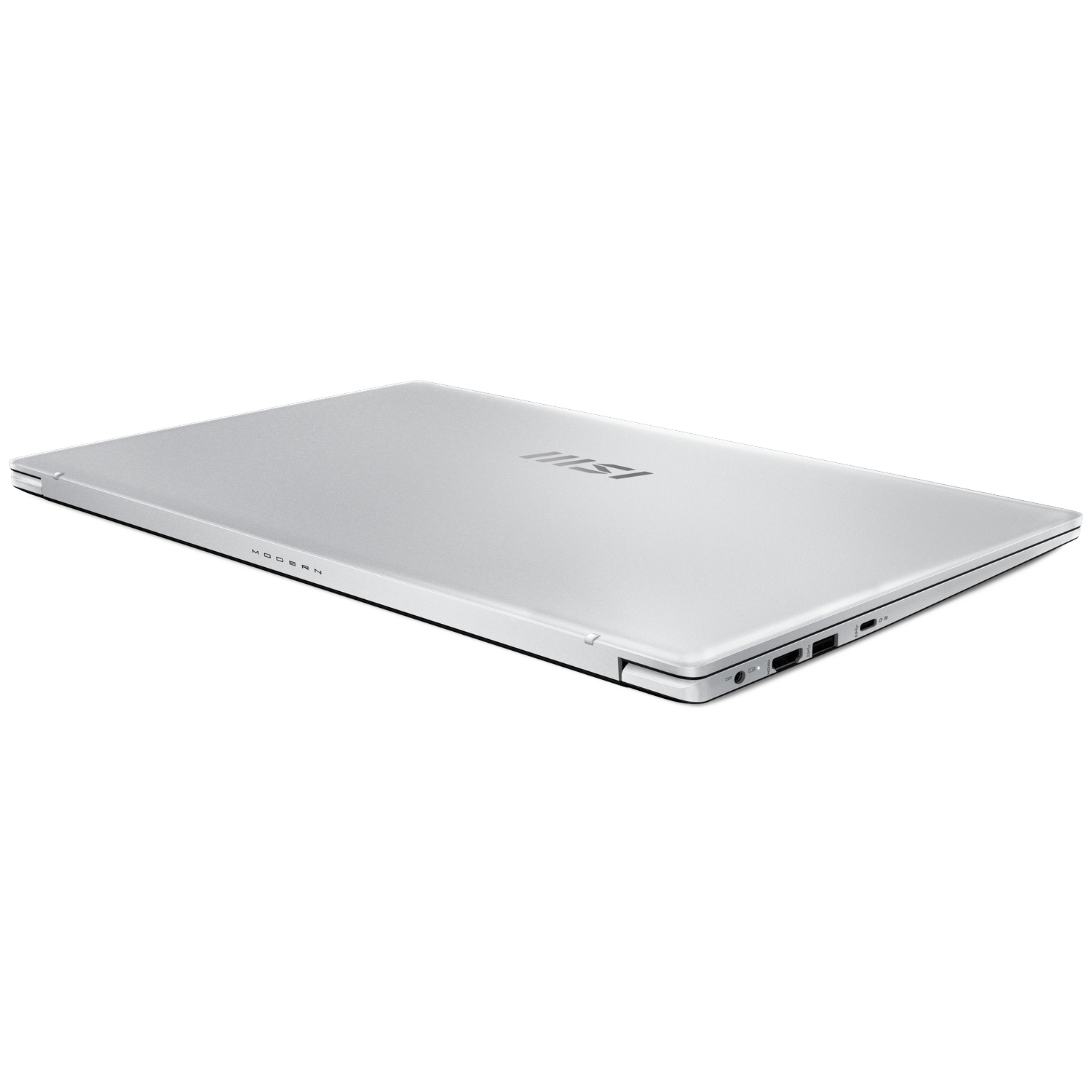 A silver laptop is slightly angled on a white background. The laptop is closed, showing the top, with the brand logo visible.