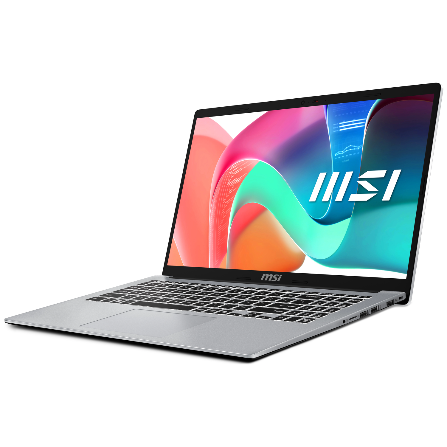 A silver MSI laptop is open, displaying a colorful graphic. The keyboard is visible. The MSI logo is prominent on the screen.