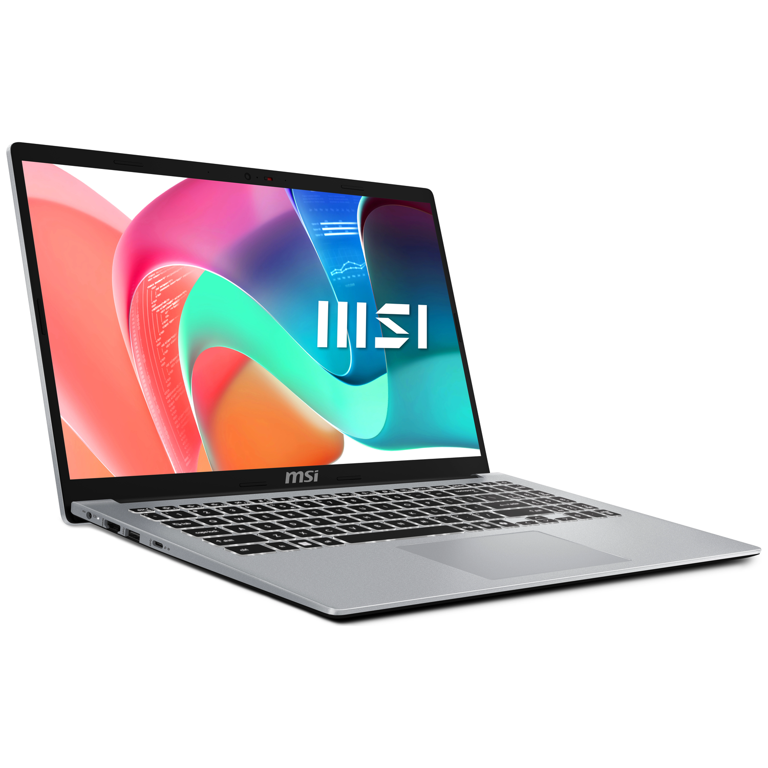 A silver MSI laptop is displayed at an angle. The screen shows a colorful abstract design with the MSI logo.