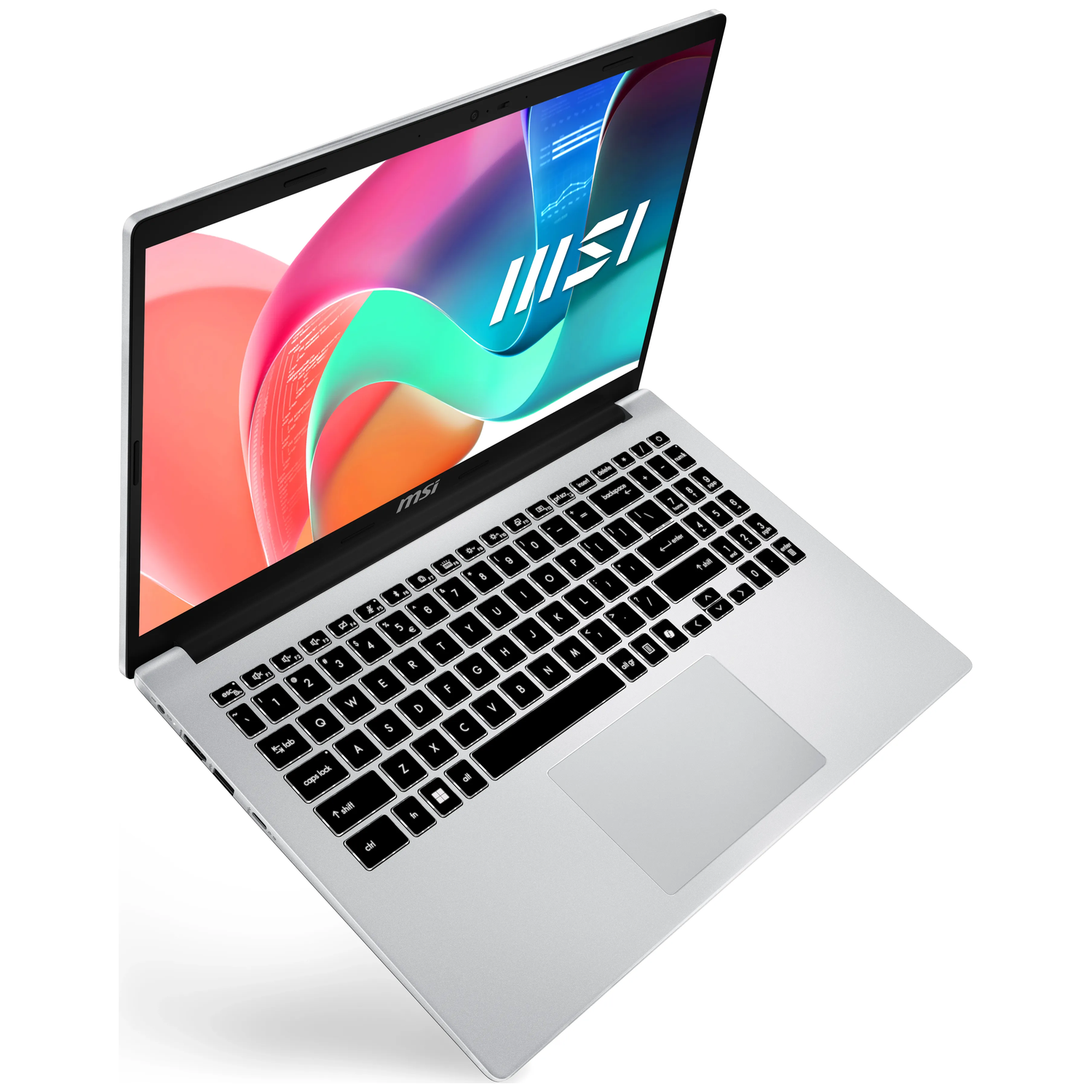 Silver laptop, open at an angle, showing keyboard, trackpad, and screen with colorful abstract background.