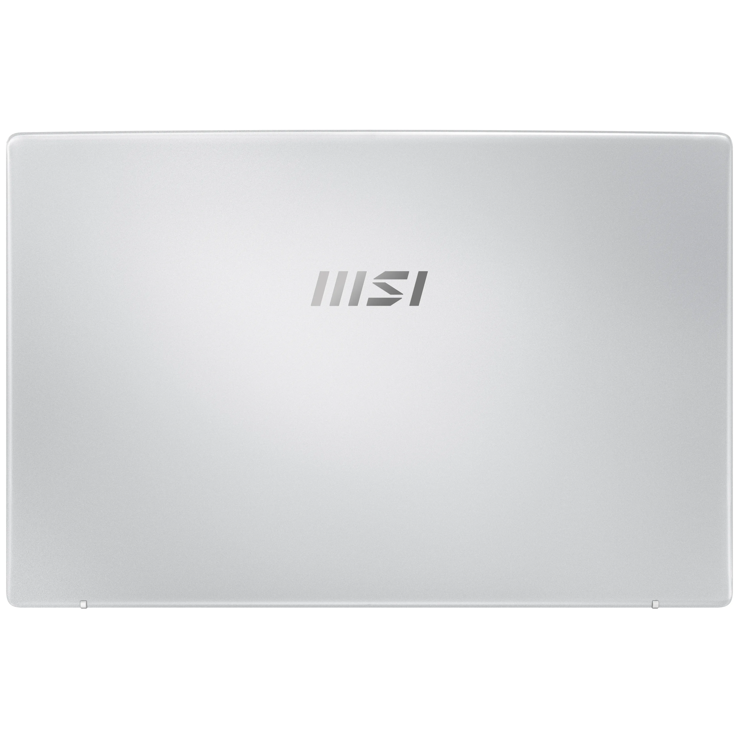 A silver laptop lid with the MSI logo in the center. The lid is plain and has a smooth, reflective surface.