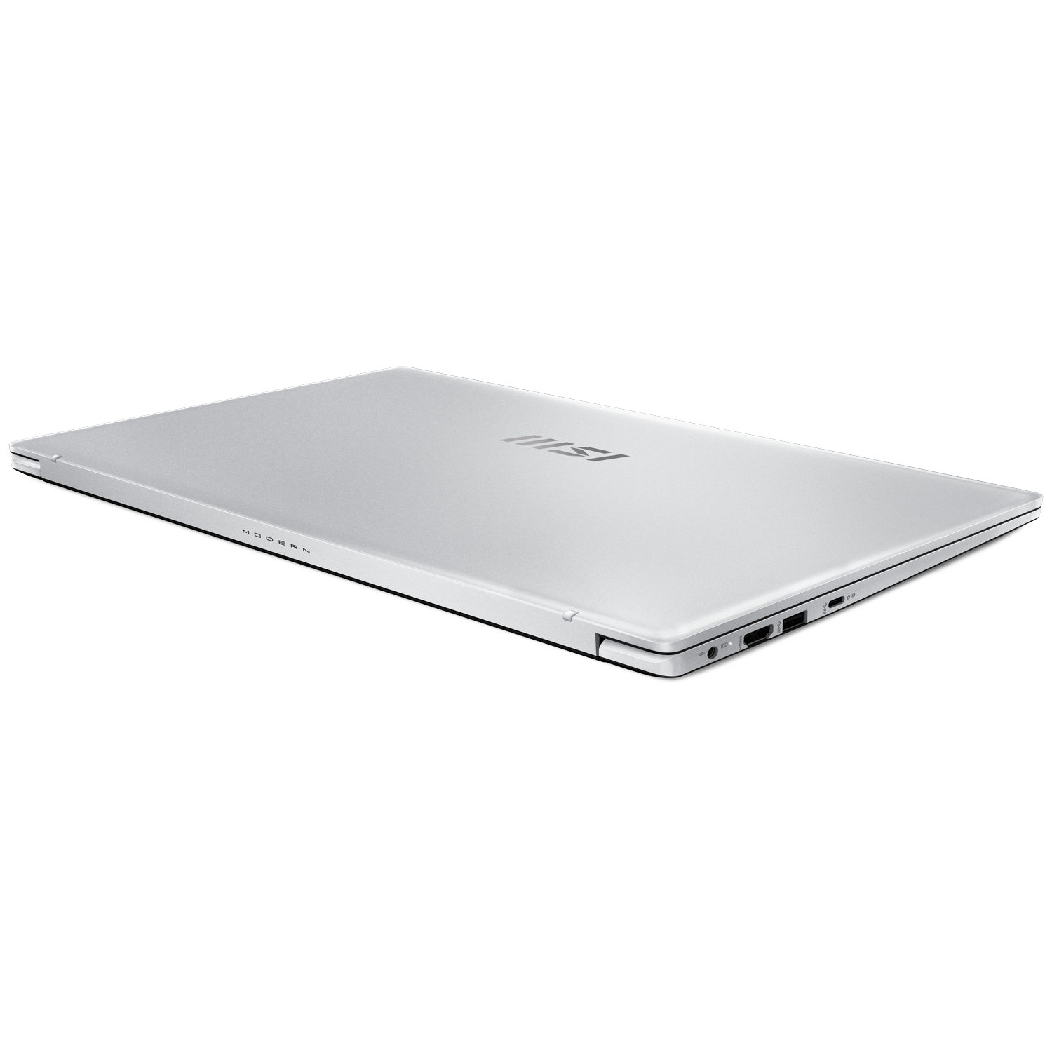 A silver laptop is slightly angled. The top is visible with the MSI logo, and the side shows ports. White background.