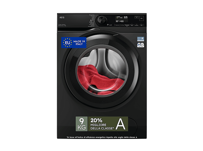 AEG Lr7Fh94Dg Lavatrice, Caricamento frontale, 9 kg, 13 programmi, Profondità 57,6 cm, Nero, livello rumorosità centrifuga 72 dB(A), Classe A