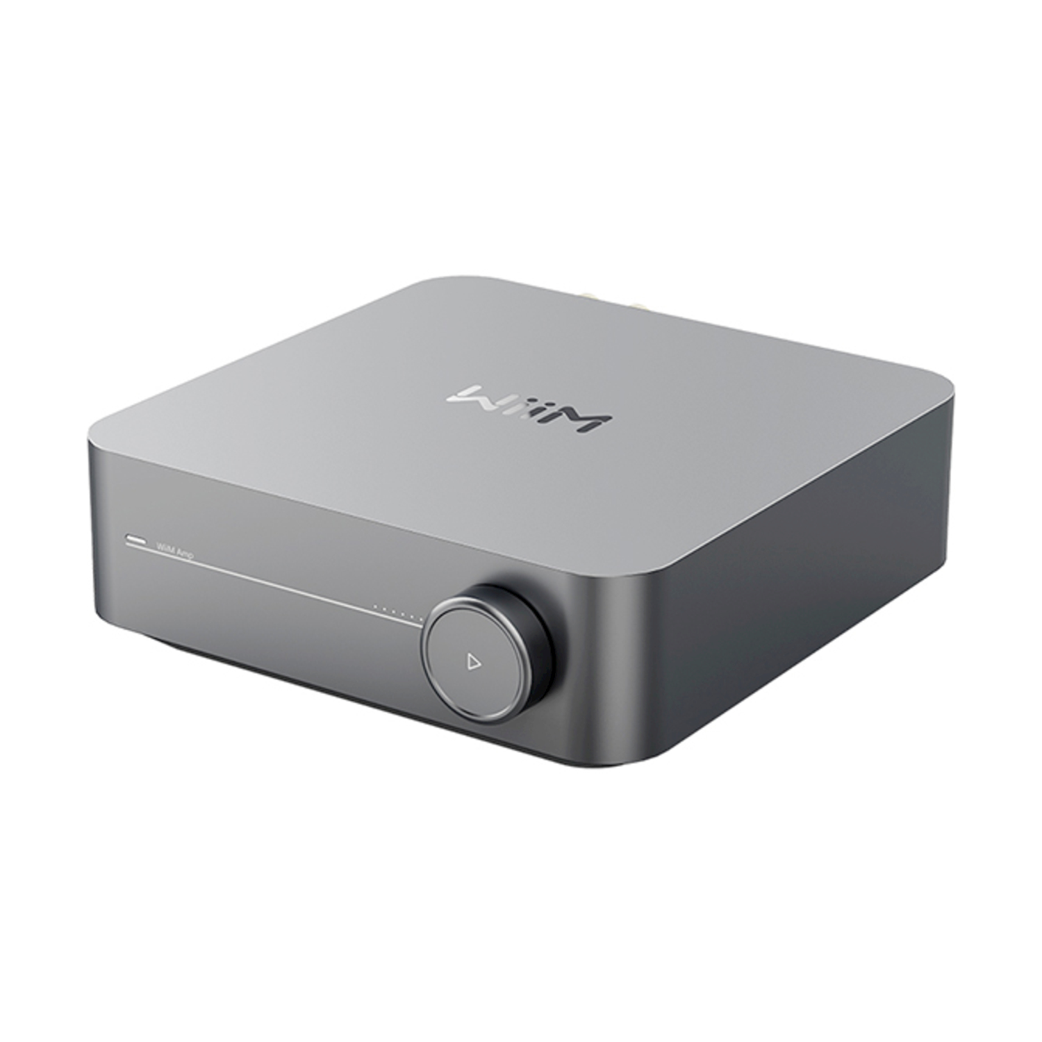 Un Wiim Amp argentato, un dispositivo audio compatto. Ha una manopola del volume e un design semplice, su sfondo bianco.