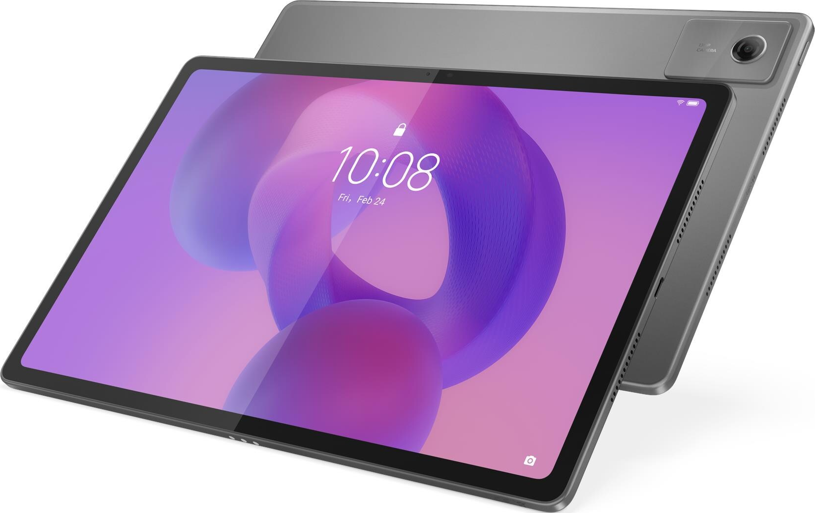 Une tablette grise avec un écran violet affichant l'heure 10:08. La tablette est légèrement inclinée, montrant l'arrière avec une caméra.