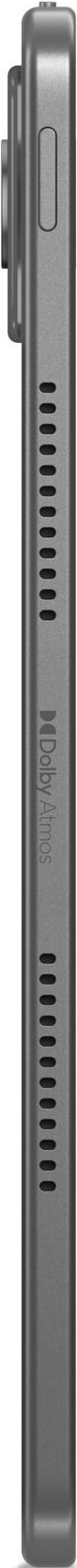 Vue latérale d'un appareil rectangulaire gris. Il a un bouton, des aérations et un logo. L'appareil est orienté verticalement.