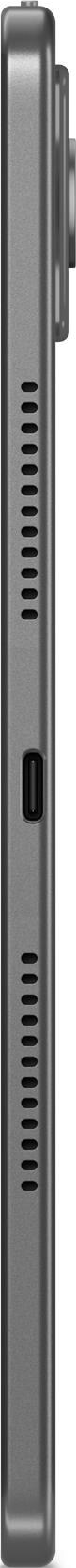 Vue latérale d'un appareil électronique gris. Il a des fentes d'aération et un petit bouton. Une petite caméra est attachée.