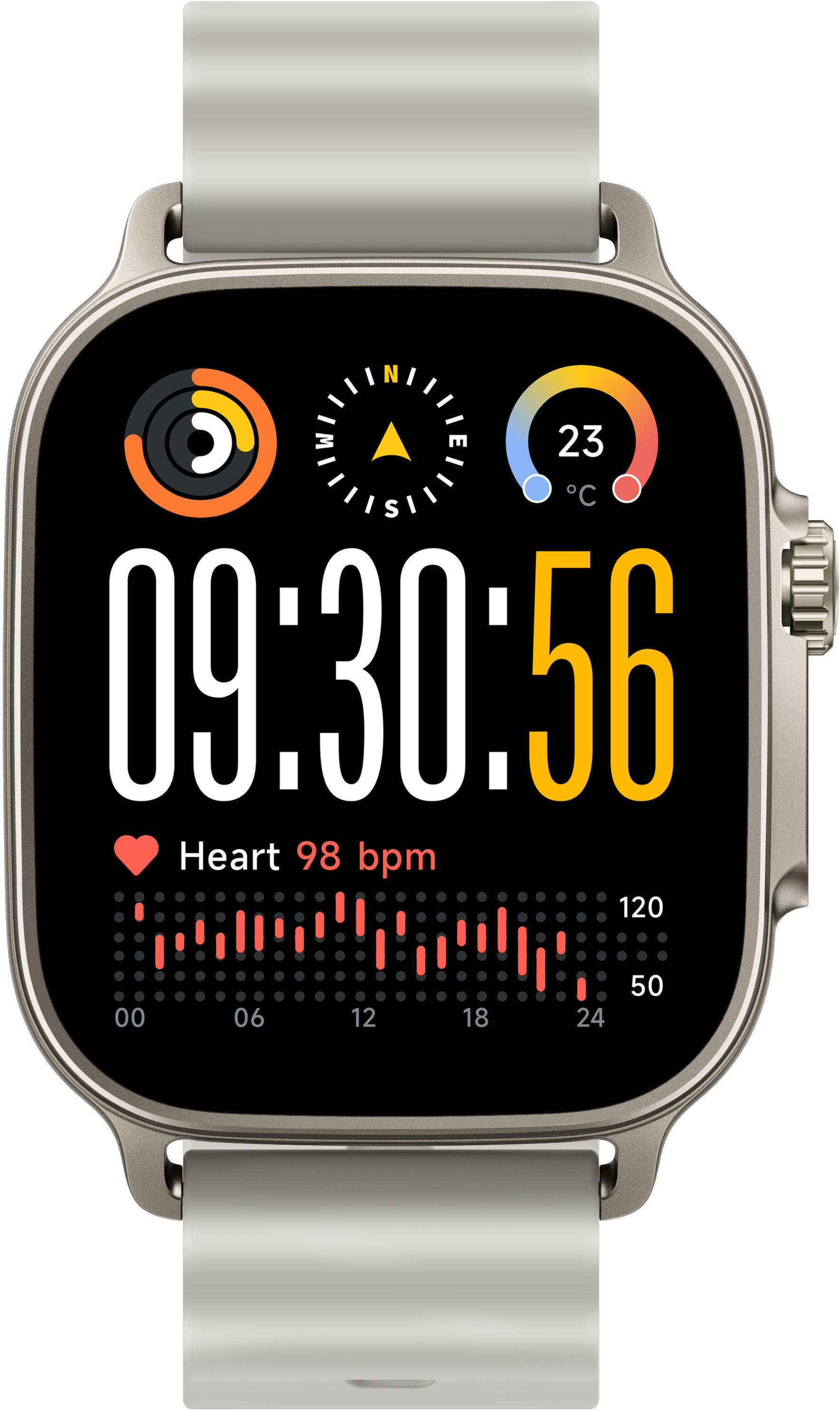 Smartwatch wyświetla godzinę: 09:30:56. Pokazuje tętno 98 uderzeń na minutę i temperaturę 23°C. Zegarek ma szary pasek i ramkę.