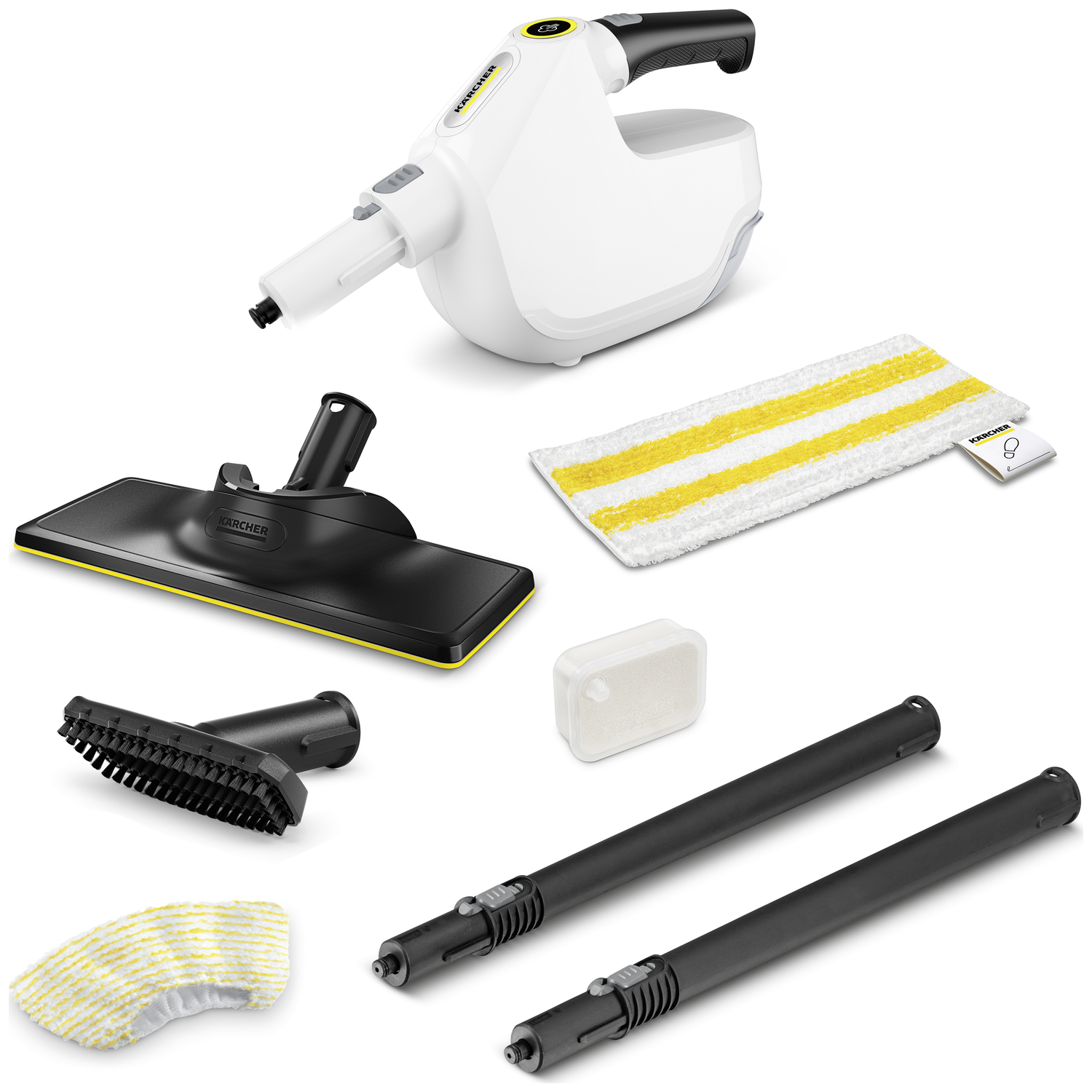 A white and black Kärcher steam cleaner with various attachments: brushes, pads, and extension wands. A cleaning kit with several parts.