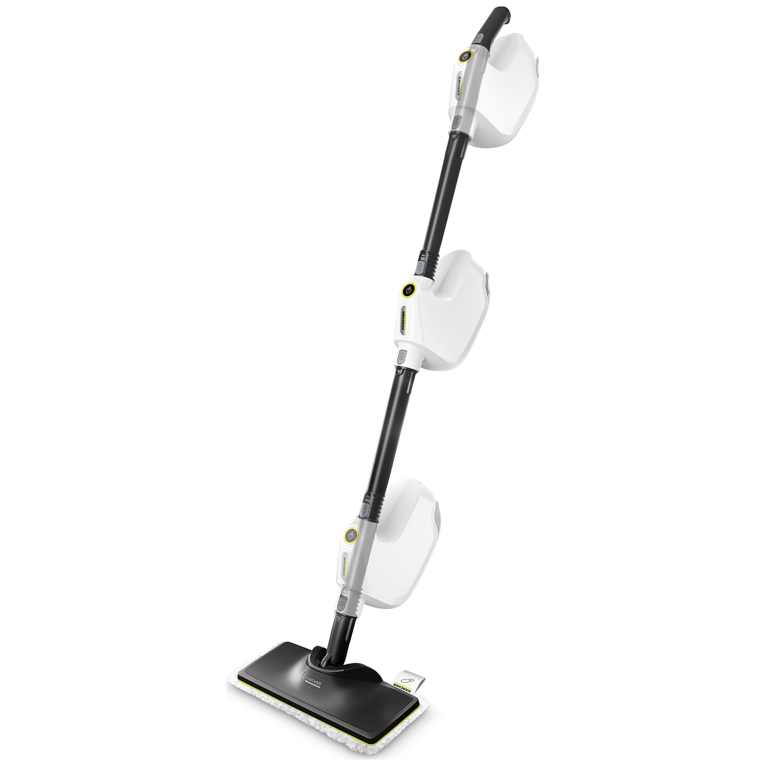 A white and black steam mop on a white background. It has a long handle and a rectangular cleaning head.