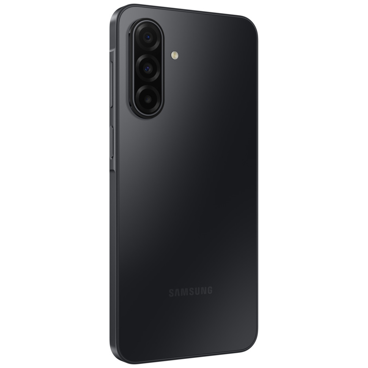 Black smartphone, rear view. Vertical camera array. Samsung logo at the bottom. Sleek, dark design.
