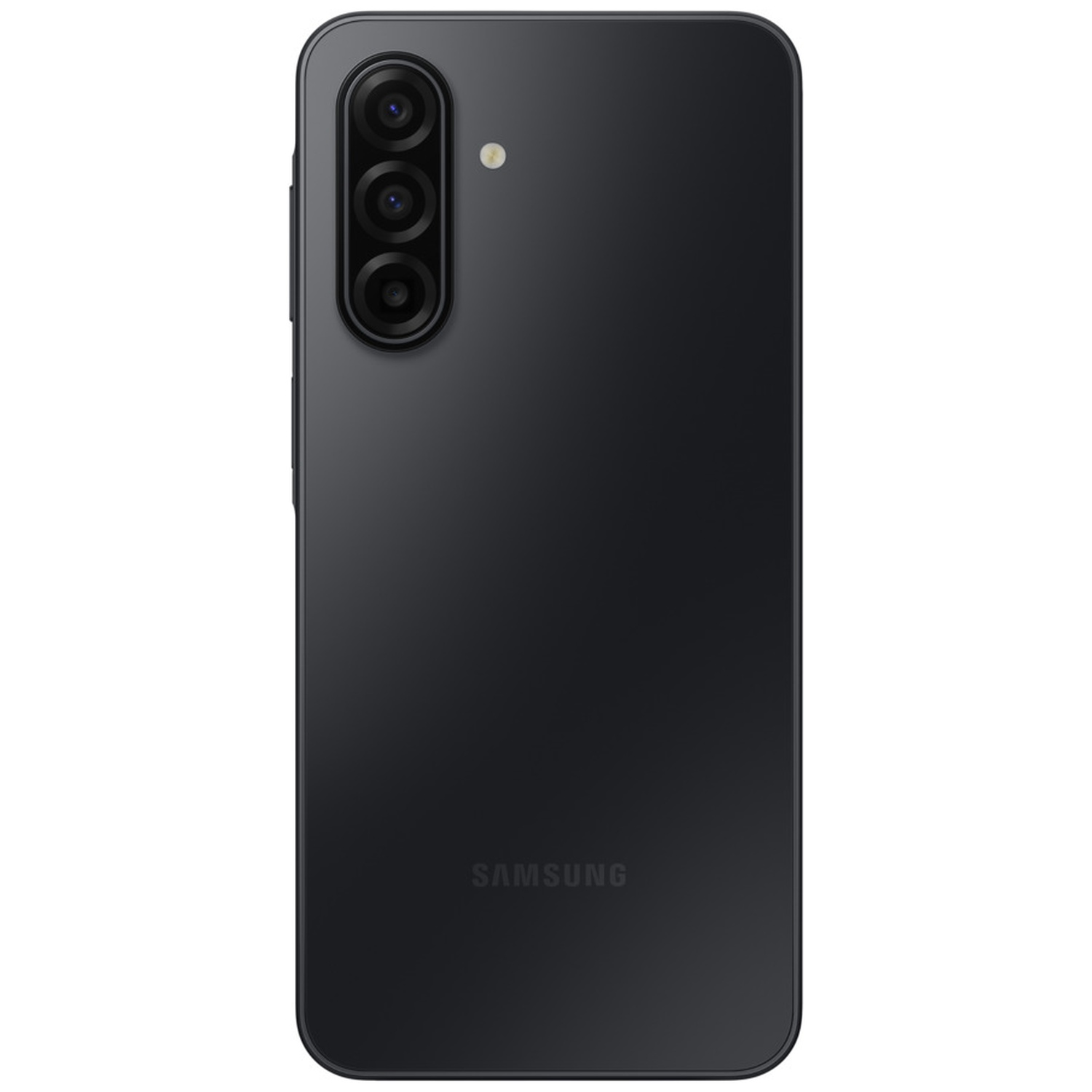 A black smartphone back. It has three camera lenses vertically arranged and a small dot. The brand name is on the bottom.