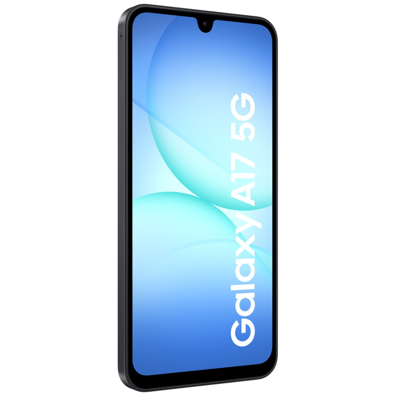 A black Samsung Galaxy A17 5G smartphone. The screen displays a blue gradient with white text.