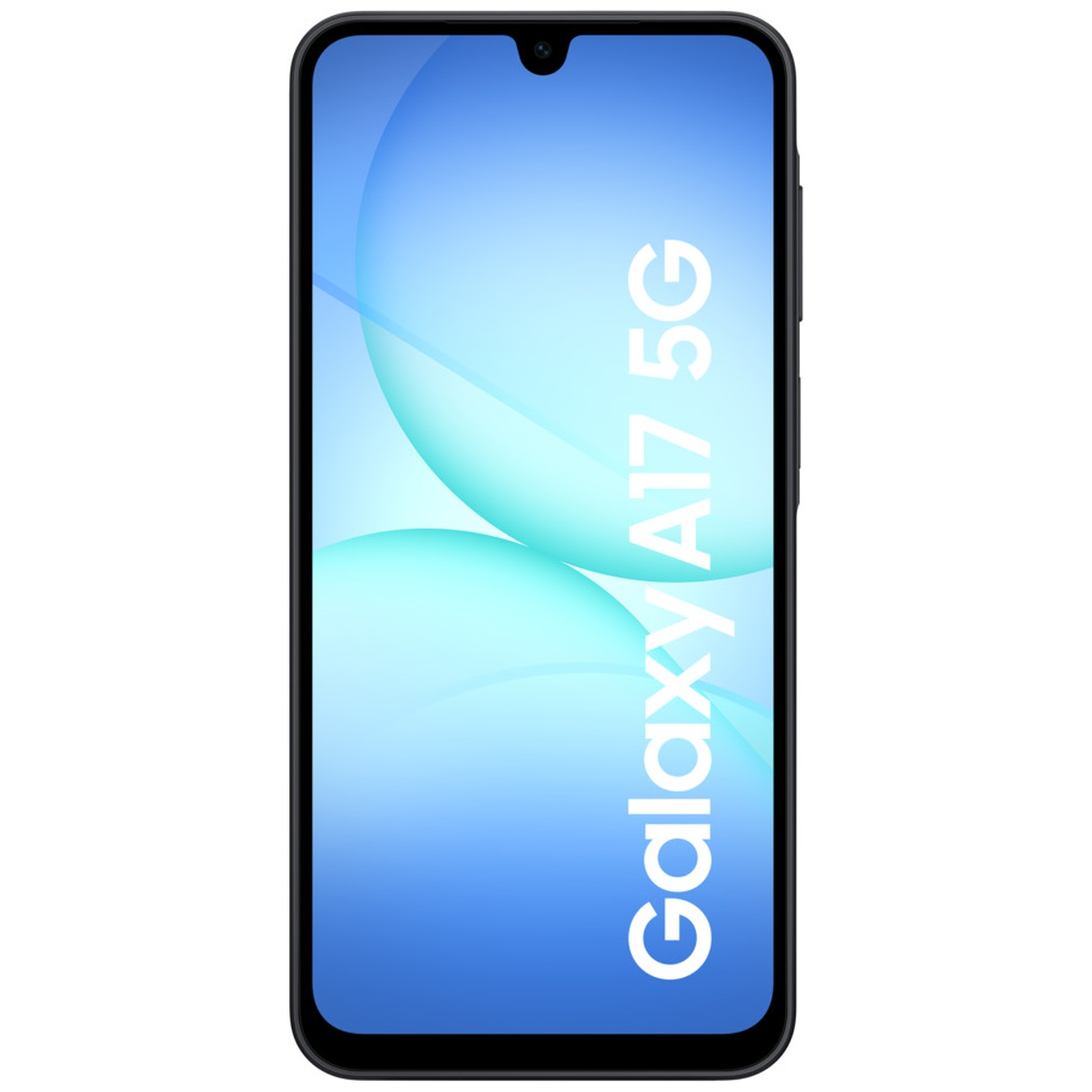 A black Samsung Galaxy A17 5G smartphone. The screen shows a blue gradient with light blue circles. The phone's name is vertically displayed.