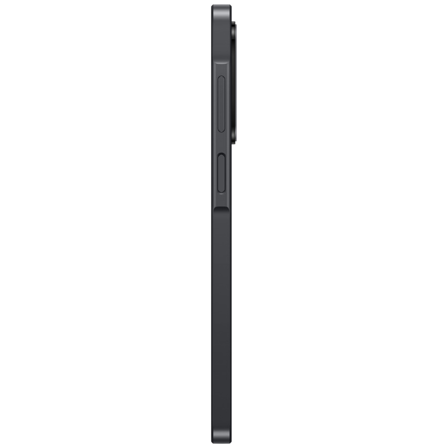 Side view of a dark gray smartphone. Visible are the volume buttons, power button, and camera module. The phone is slim and rectangular.