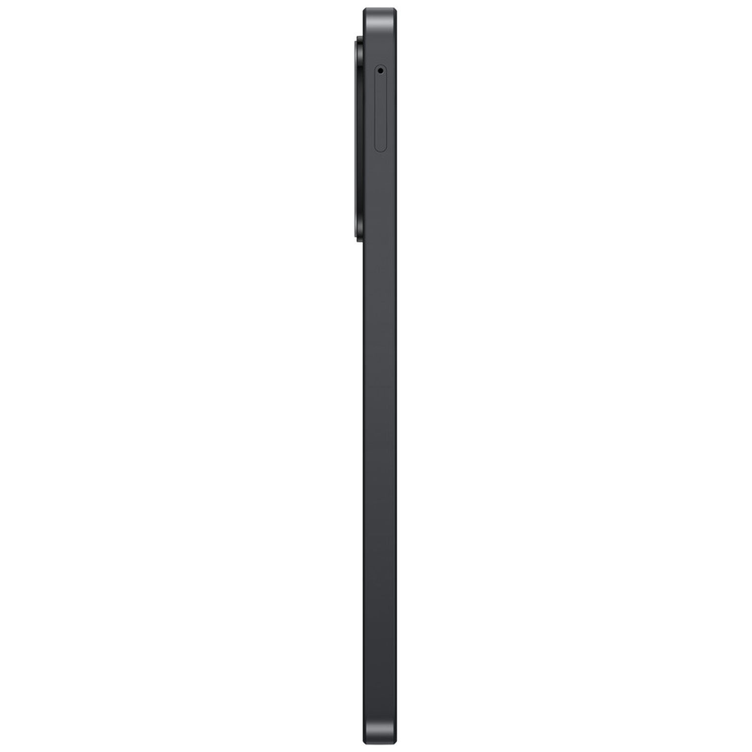 A side view of a dark gray rectangular smartphone. The camera bump and a side button are visible. The device is upright.