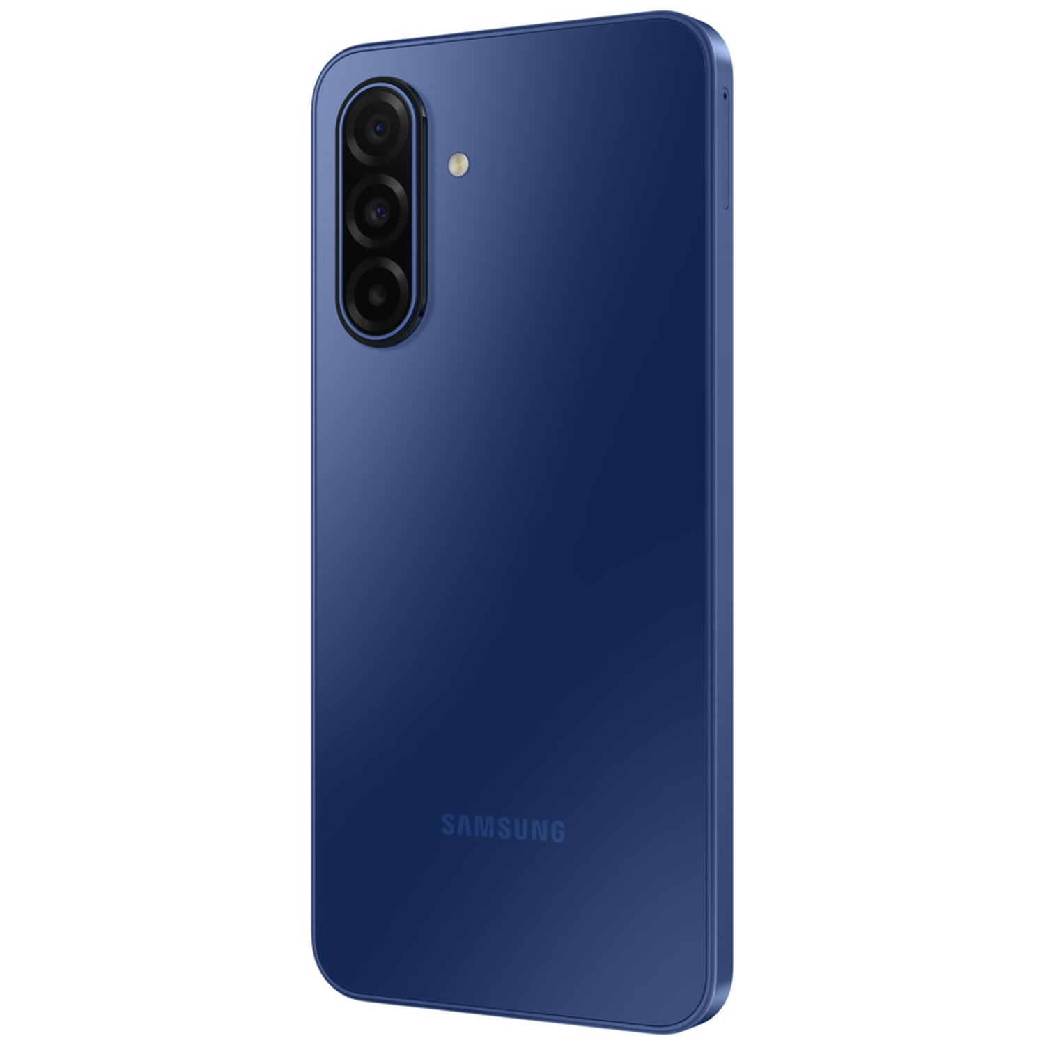 Vue arrière d'un smartphone Samsung bleu marine. Il possède trois caméras, un flash et le logo Samsung.