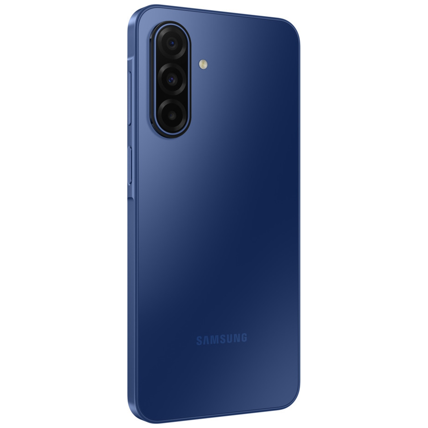 Un téléphone Samsung bleu avec un appareil photo à trois objectifs. Le téléphone a une finition lisse et mate. Le logo Samsung est visible.