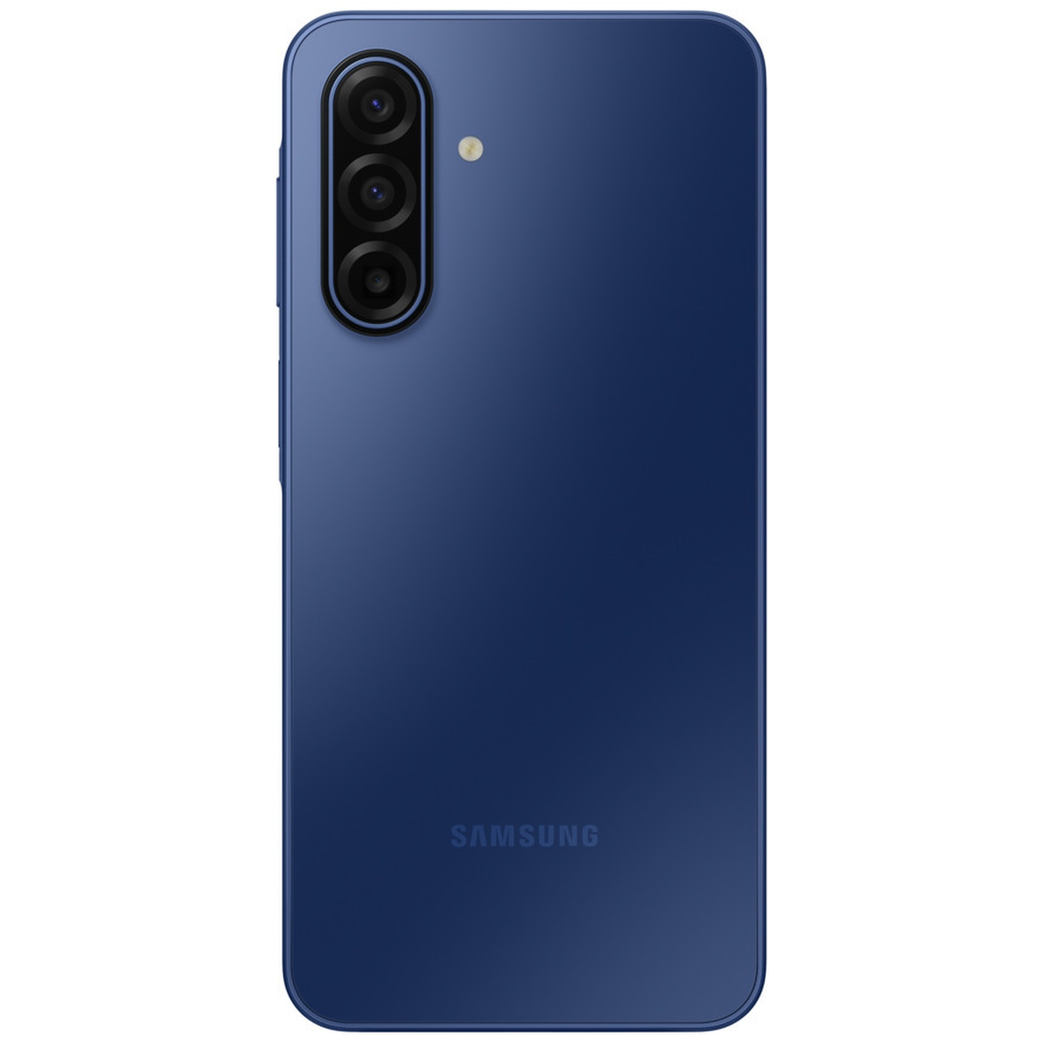 Dos d'un smartphone Samsung bleu. Il possède trois caméras alignées verticalement en haut à gauche, et le logo Samsung en bas.
