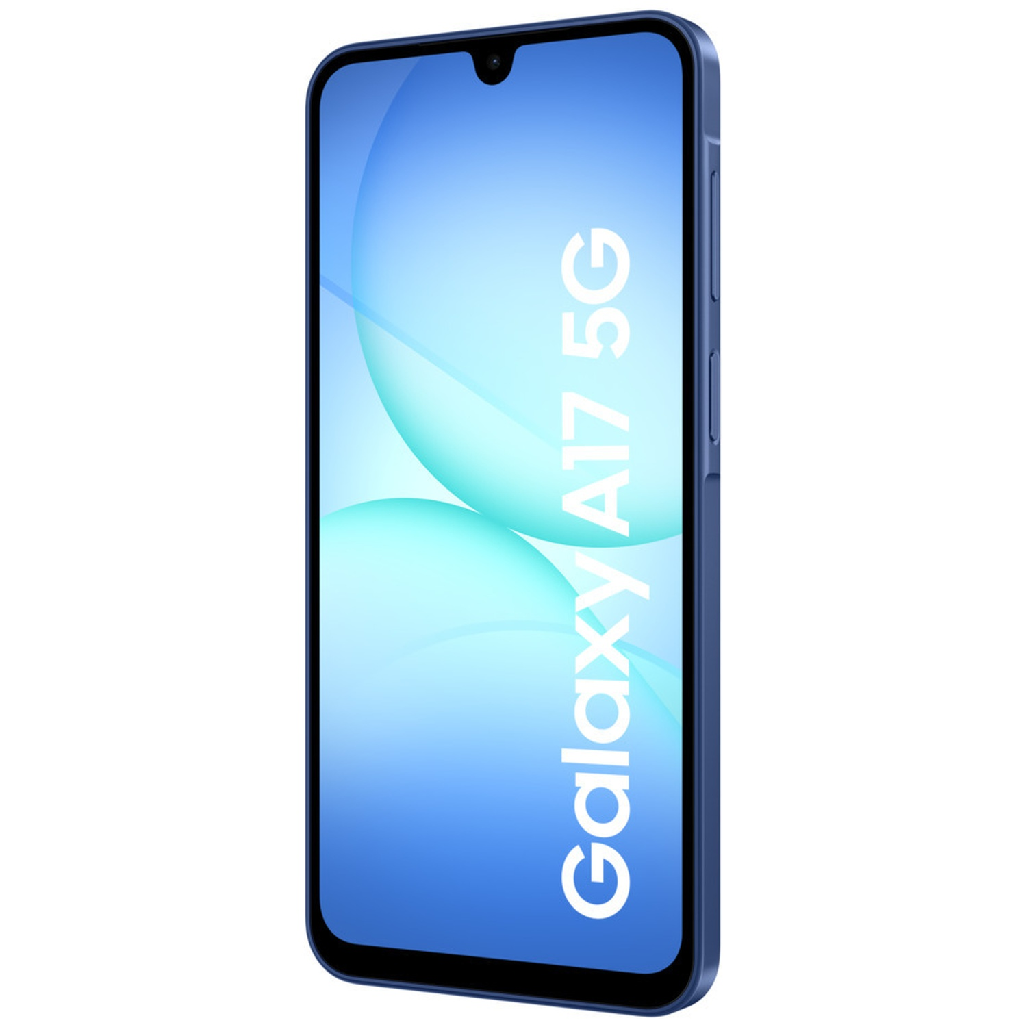 Un smartphone bleu Samsung Galaxy A17 5G. L'écran affiche un dégradé de bleu et de blanc. Le téléphone est incliné vers la droite.