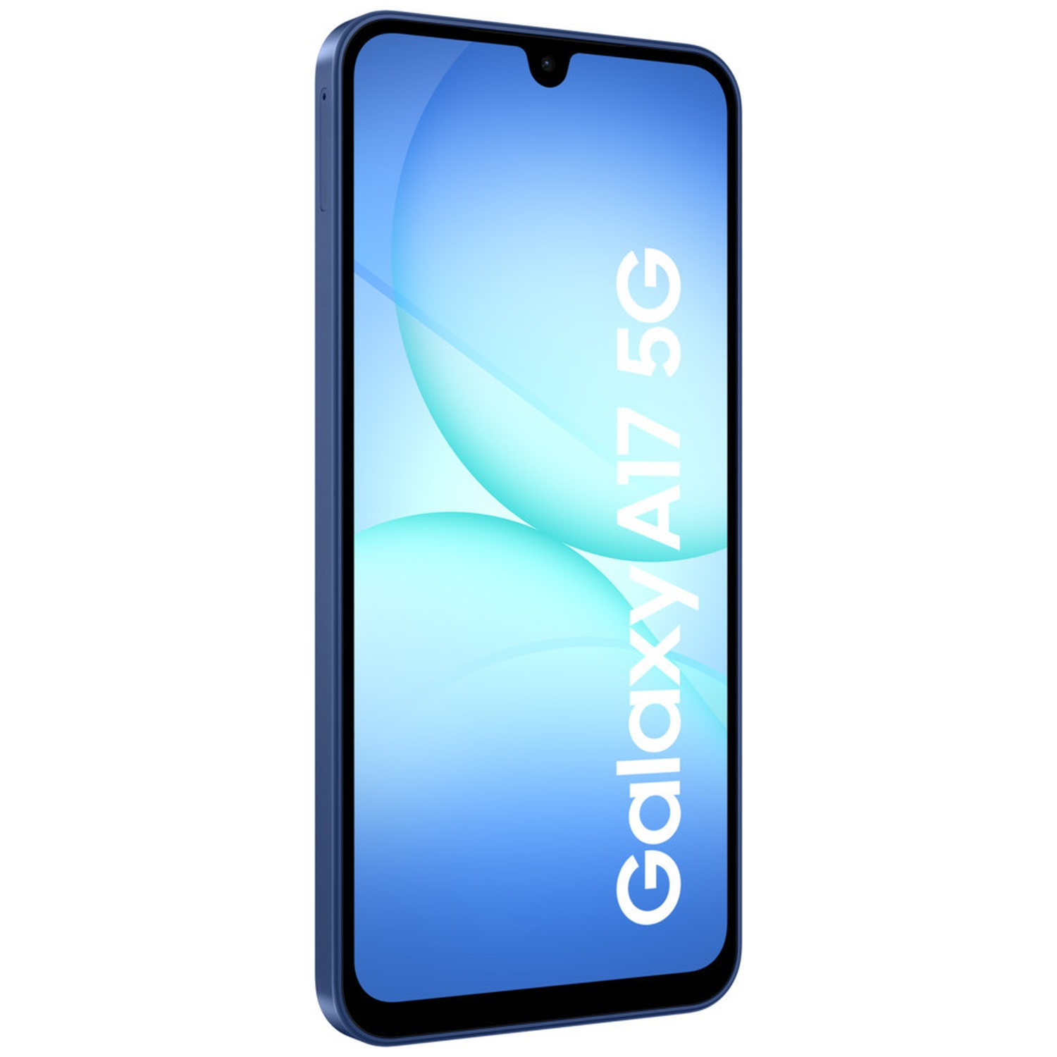 Un smartphone bleu Samsung Galaxy A17 5G, légèrement incliné. L'écran affiche un dégradé bleu avec du texte blanc.