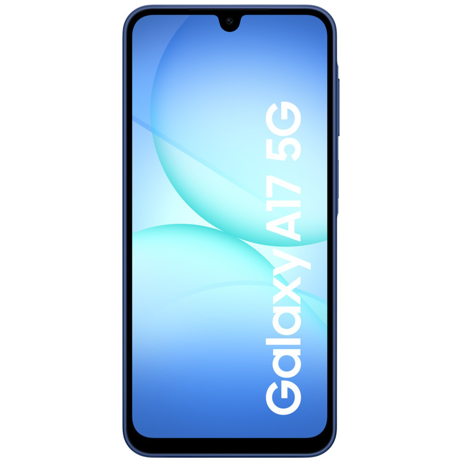 Un smartphone bleu Samsung Galaxy A17 5G. L'écran affiche un design abstrait bleu et blanc. Le nom du téléphone est sur l'écran.