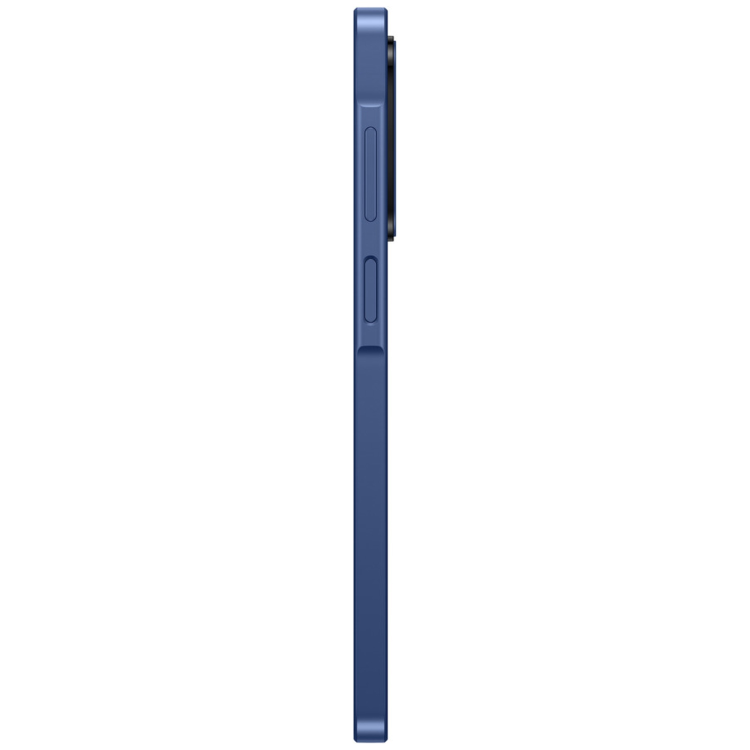 Vue latérale d'un smartphone bleu. Les boutons de volume et d'alimentation sont visibles sur le côté droit. Le téléphone est sur fond blanc.