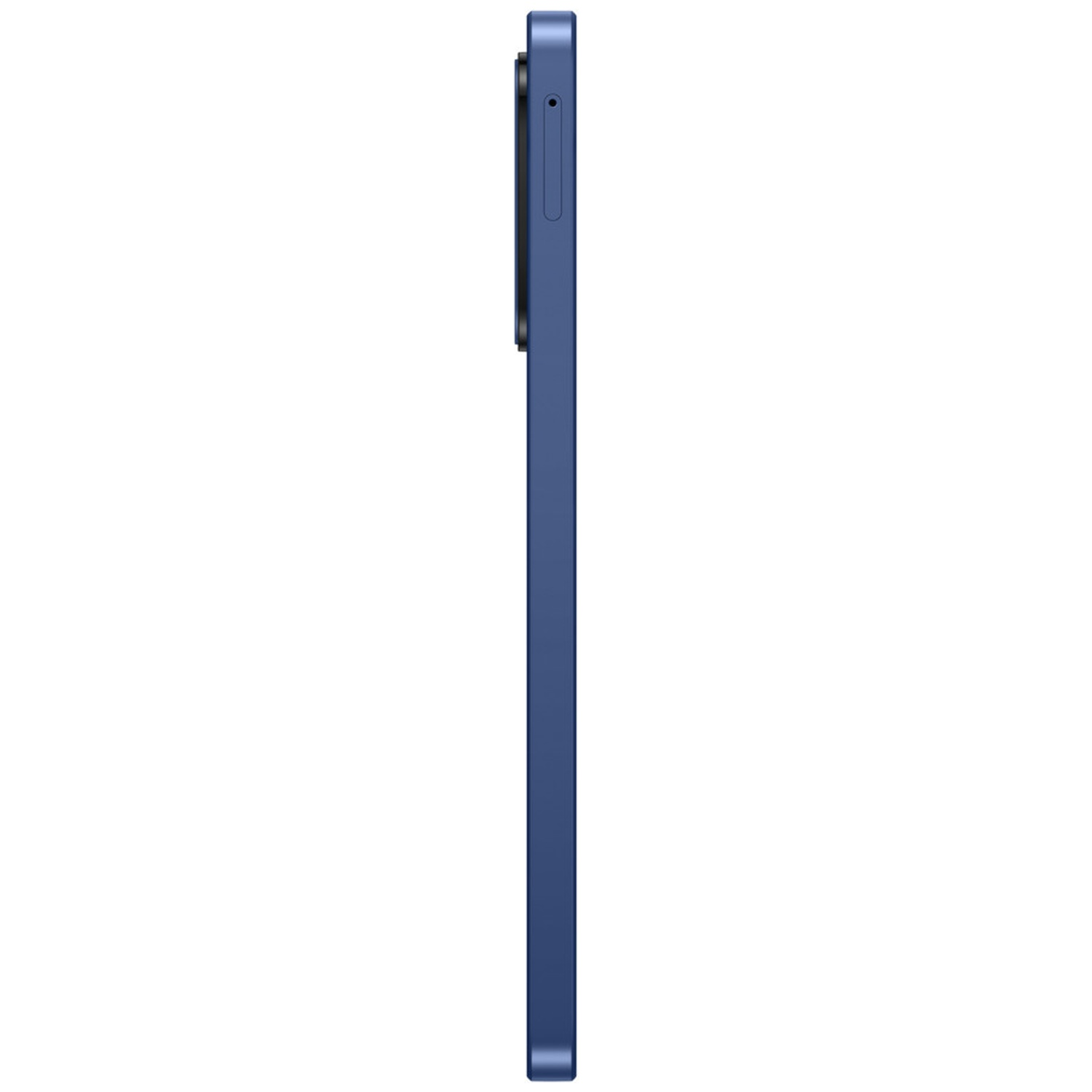 Vue latérale d'un smartphone bleu. Le module caméra est visible en haut à gauche. Le téléphone est sur fond blanc.