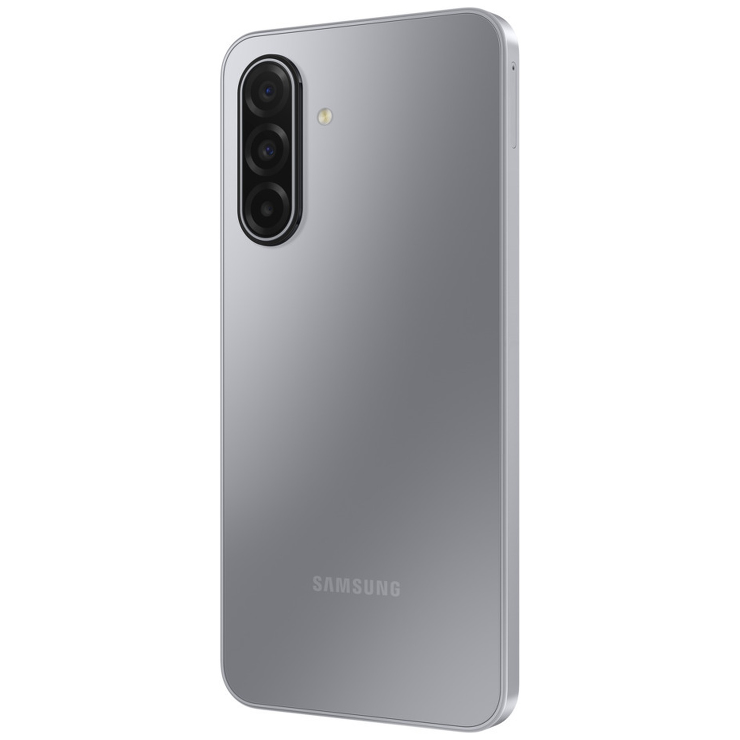 A silver smartphone with three cameras is angled to the right. The Samsung logo is visible at the bottom.