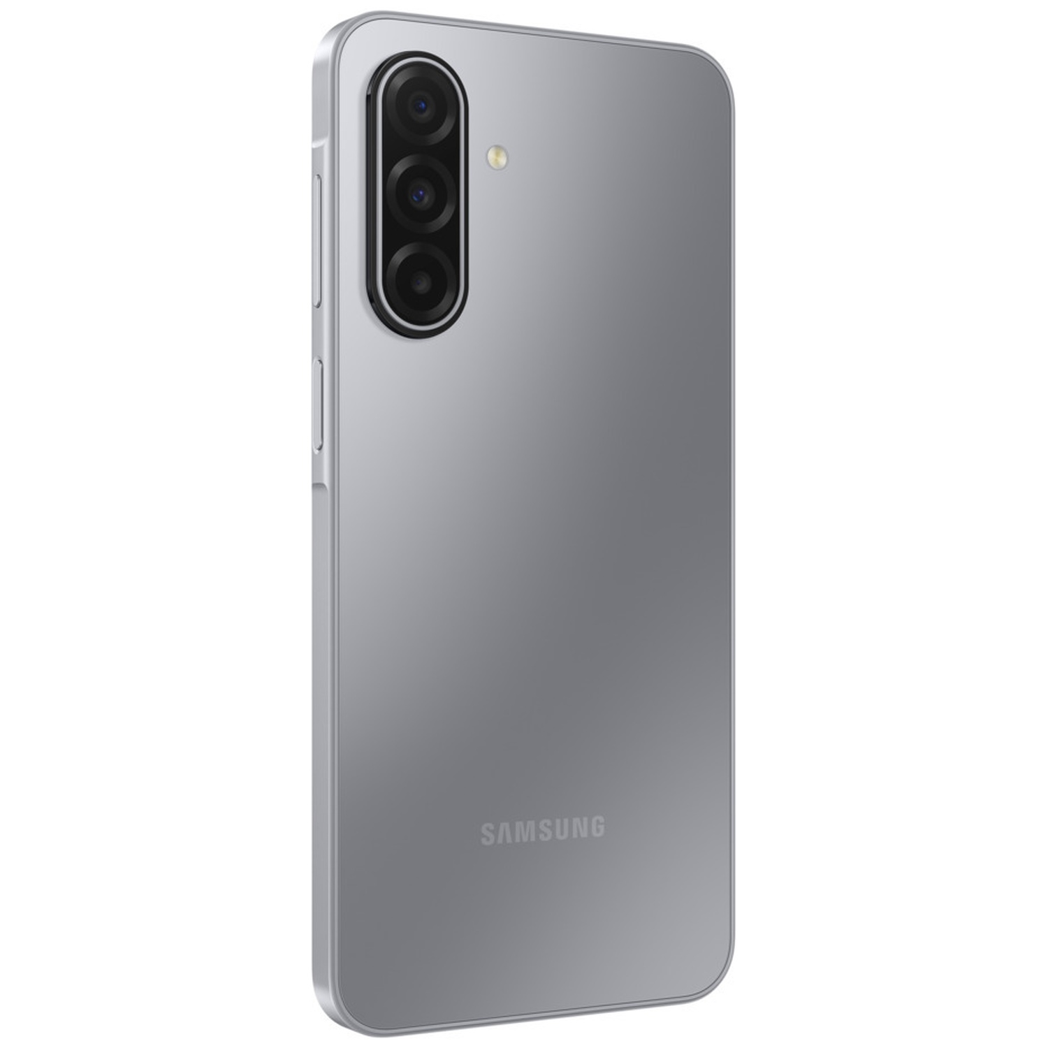 A silver Samsung smartphone, angled. It has a triple-lens camera on the back, and the Samsung logo is visible. The background is plain.