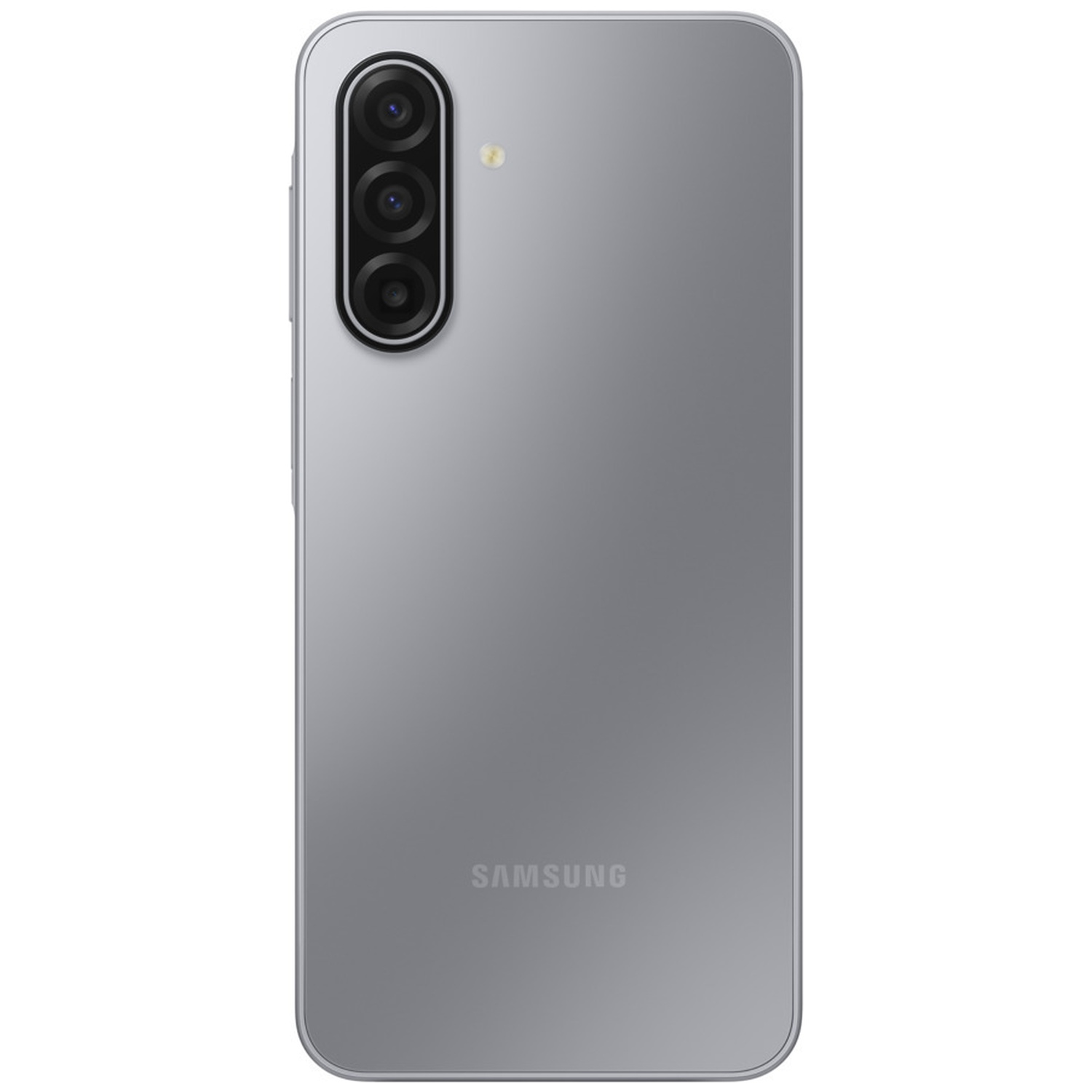 A silver Samsung smartphone. It has three rear cameras, a flash, and the Samsung logo. The phone is on a white background.