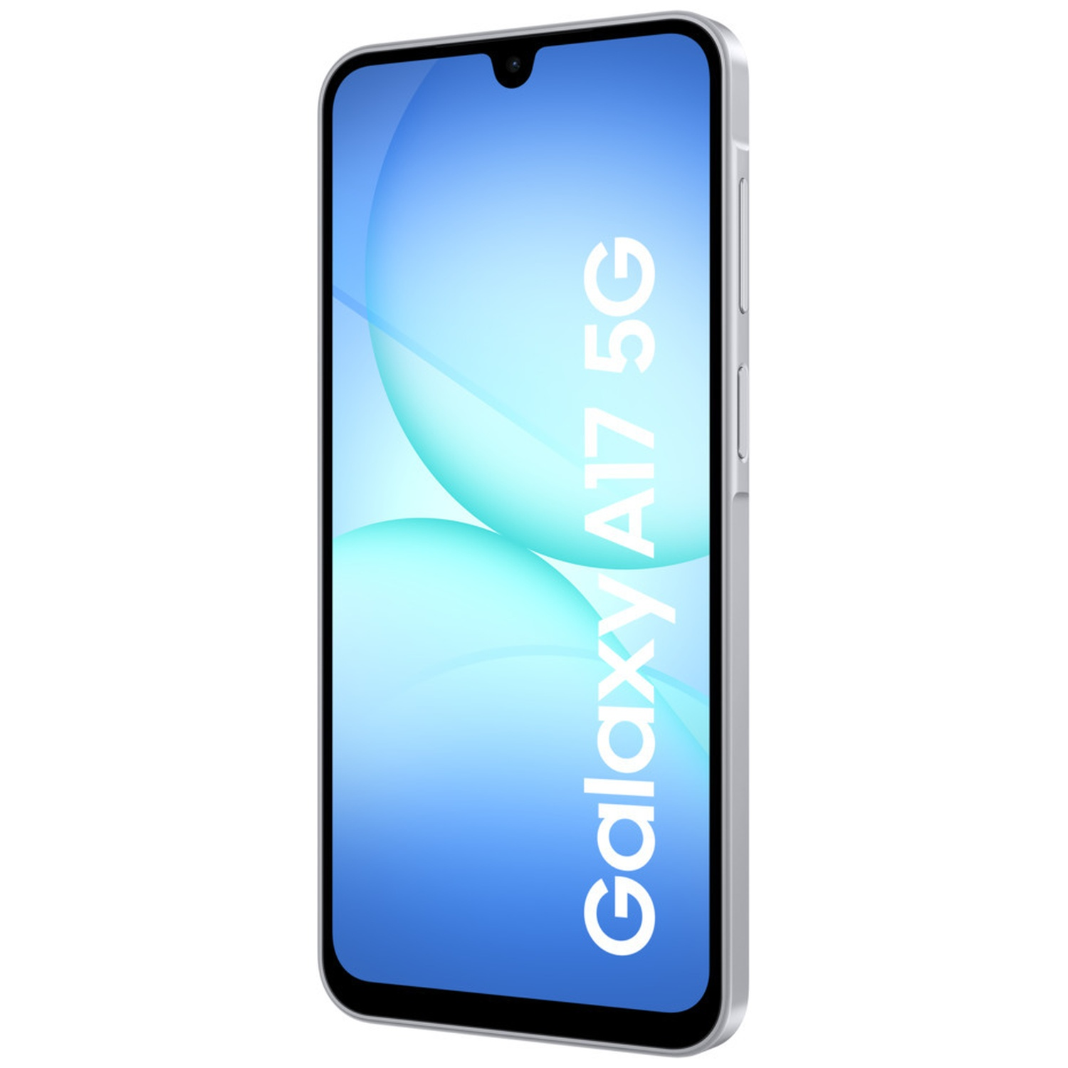 A silver Samsung Galaxy A17 5G smartphone. The screen displays a blue gradient background with white text.