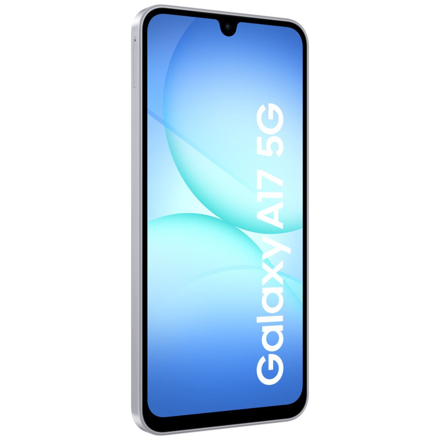 A silver Samsung Galaxy A17 5G smartphone. The screen displays a blue gradient with white text 'Galaxy A17 5G'.