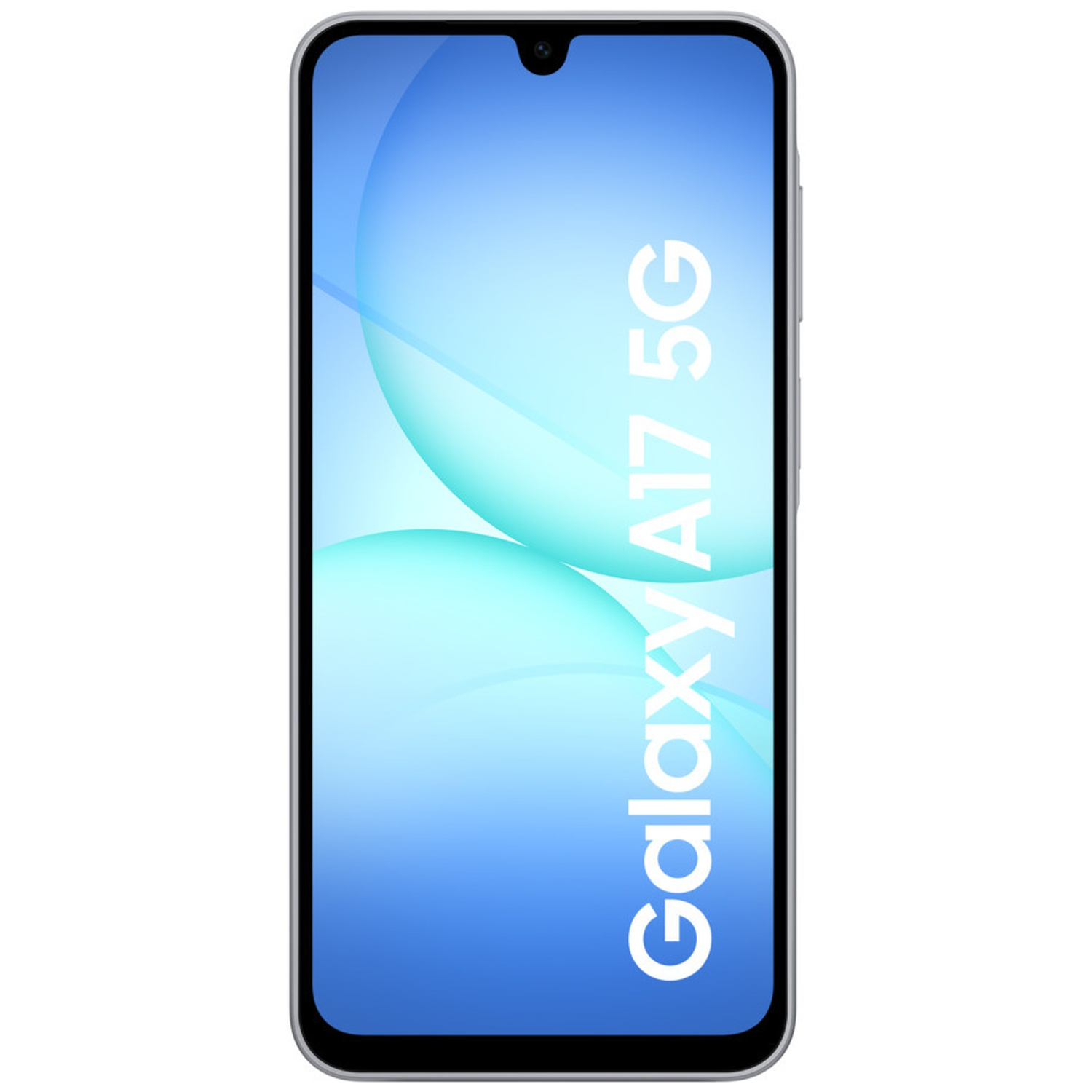 A Galaxy A17 5G smartphone. The screen shows a blue gradient with white text, and two light blue shapes. The phone is silver.