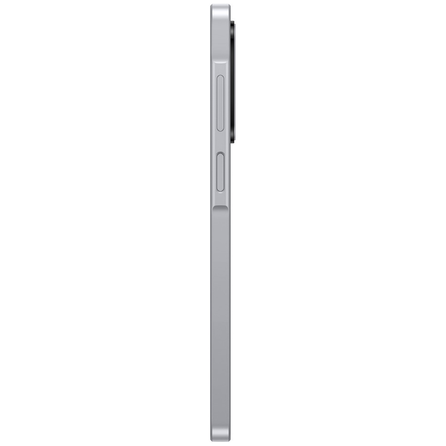 Side view of a silver smartphone. It has a camera, volume and power buttons.