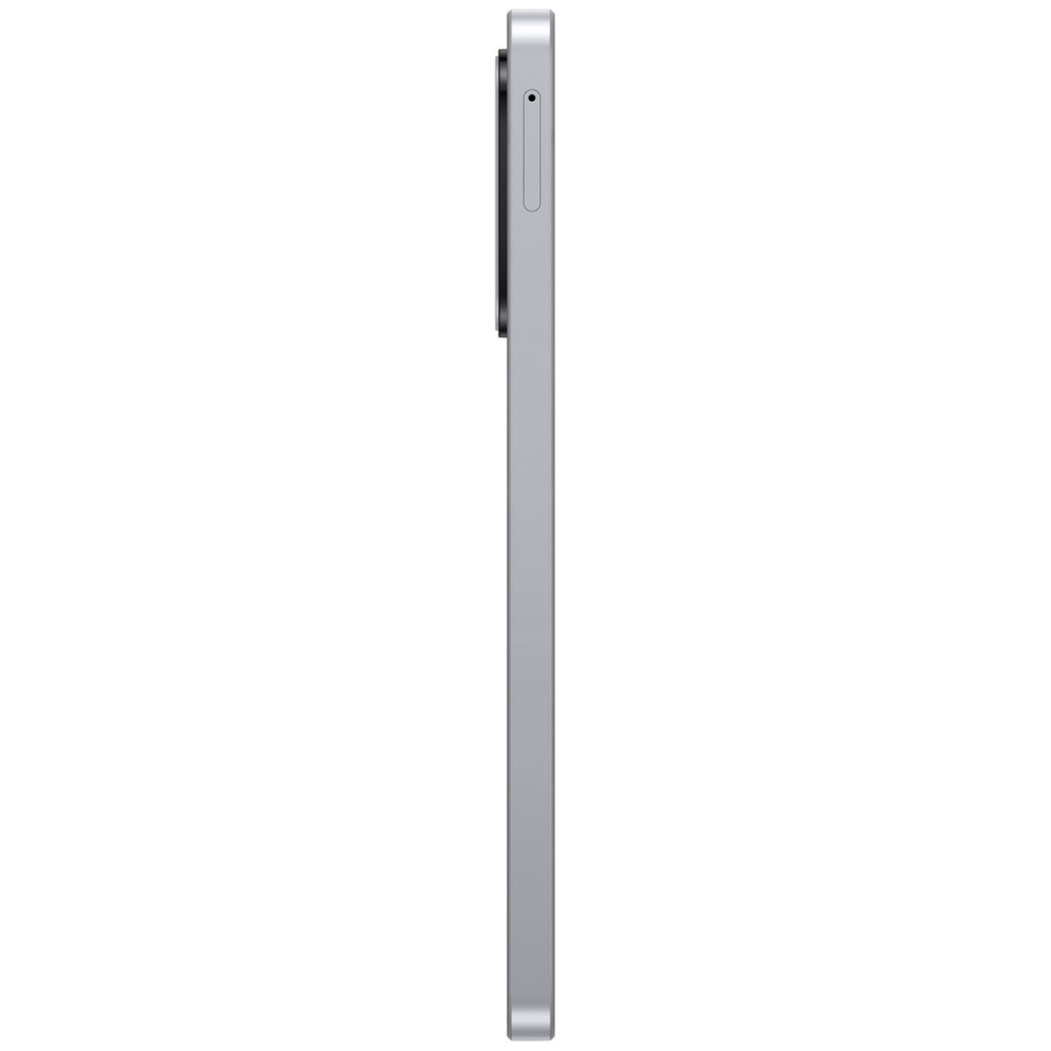 Side view of a gray tablet. Camera module is visible on the left. The tablet is positioned vertically against a white background.