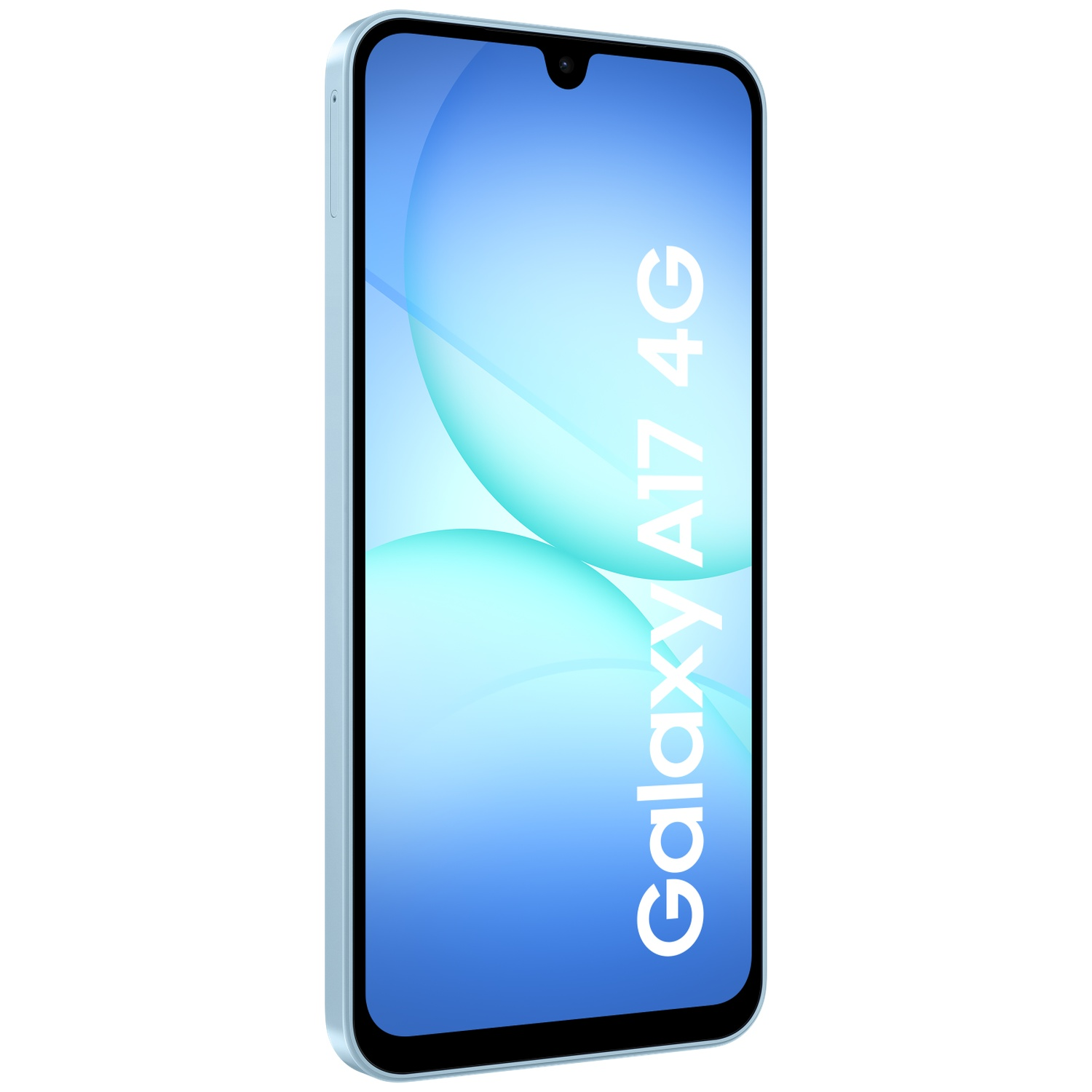 Un smartphone Samsung Galaxy A17 4G bleu clair sur fond blanc. L'écran affiche un dégradé bleu avec du texte blanc.