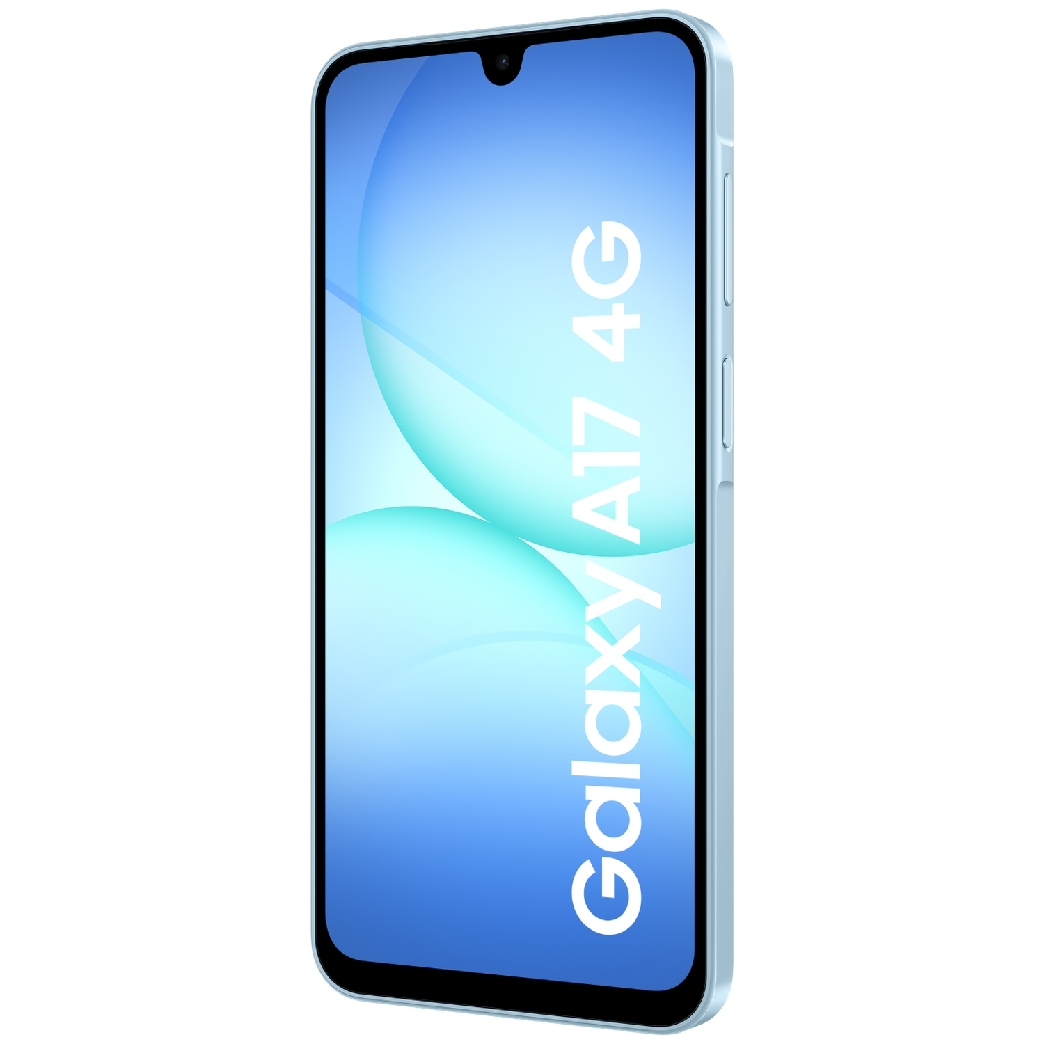 Un smartphone Galaxy A17 4G bleu clair. L'écran affiche un dégradé bleu avec du texte blanc.