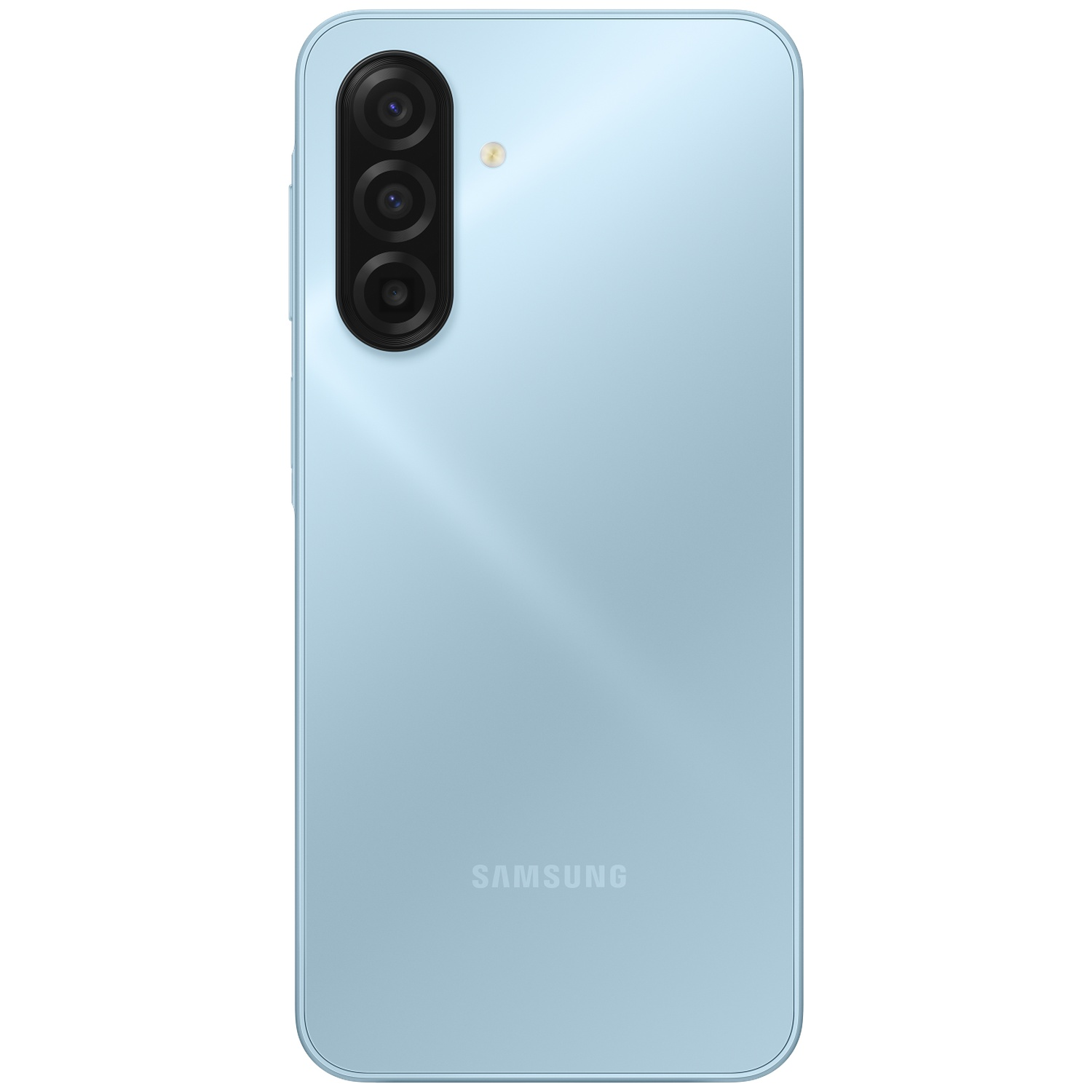 Vue arrière d'un smartphone Samsung bleu clair. Il possède un module photo vertical avec trois objectifs et le logo Samsung.