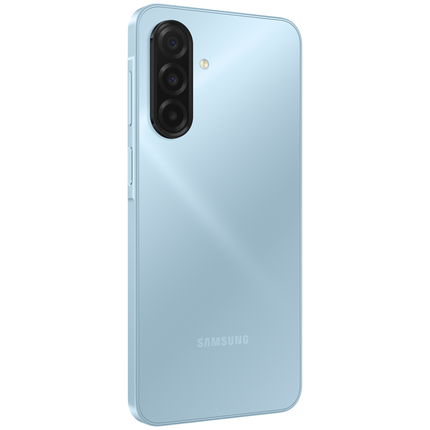 Un smartphone Samsung bleu clair. Il est doté d'un appareil photo à trois objectifs et du logo Samsung. Le téléphone est sur fond blanc.