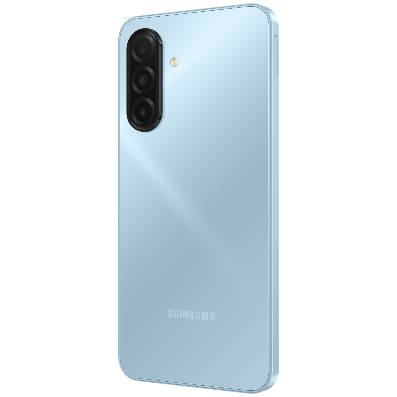 Un téléphone Samsung bleu clair légèrement incliné. Il possède trois caméras verticales et un flash à l'arrière, avec le logo Samsung.