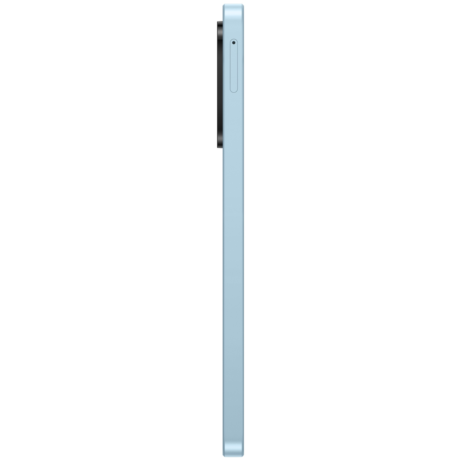 Vue latérale d'un smartphone bleu clair. Il possède un module caméra sur le côté et un bouton. Le fond est blanc.