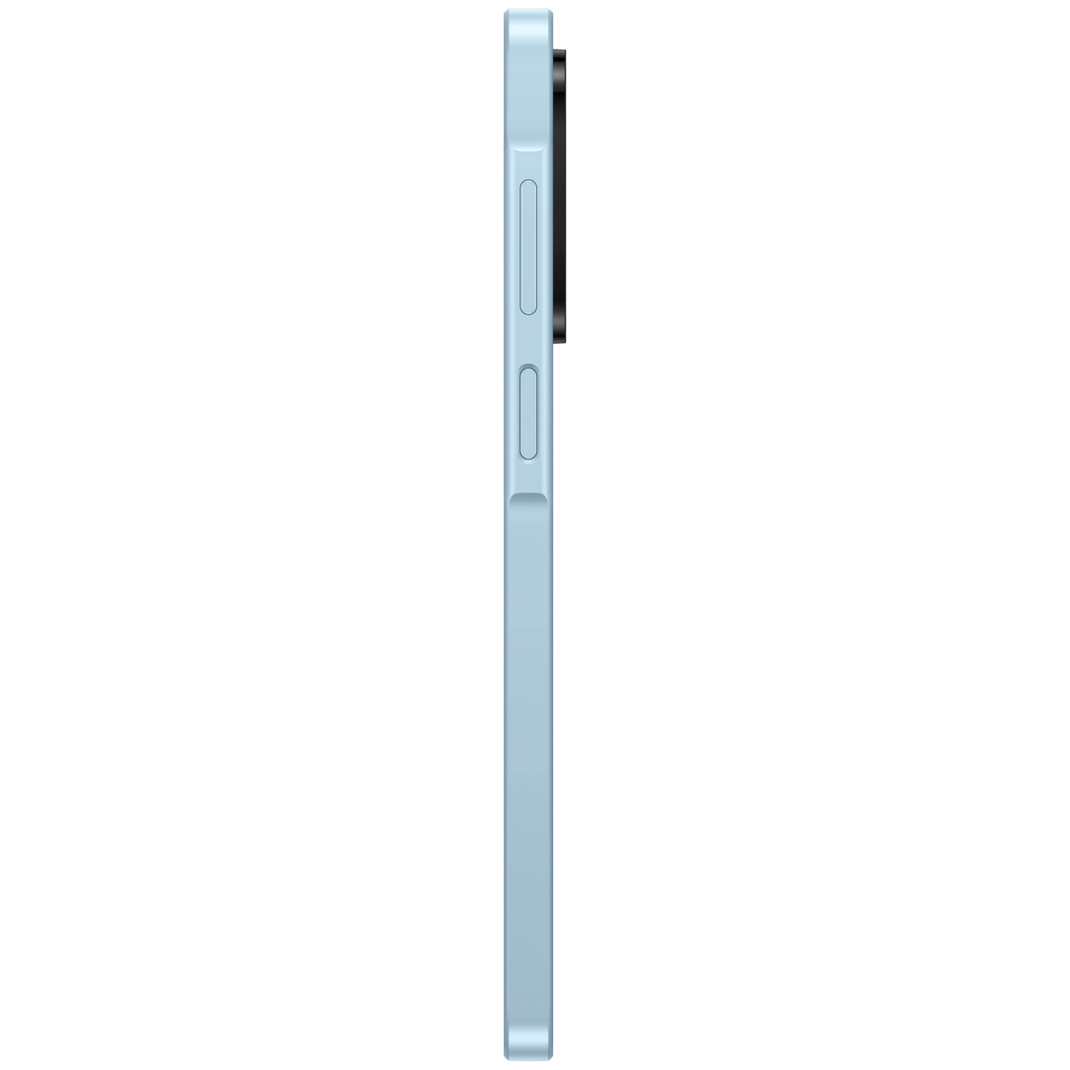 Vue latérale d'un smartphone bleu clair. Il a une caméra et des boutons. Le fond est blanc.