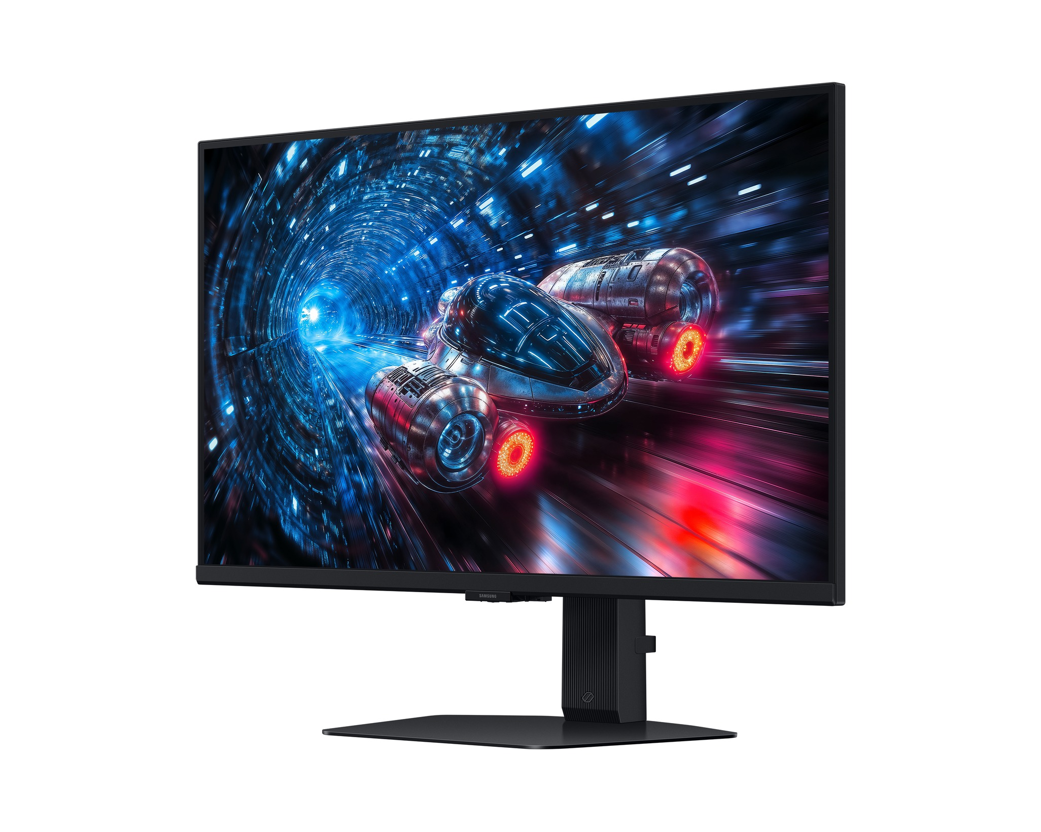 Ein Computermonitor zeigt ein futuristisches Raumschiff, das durch einen blau-roten Tunnel rast. Der Monitor ist schwarz.