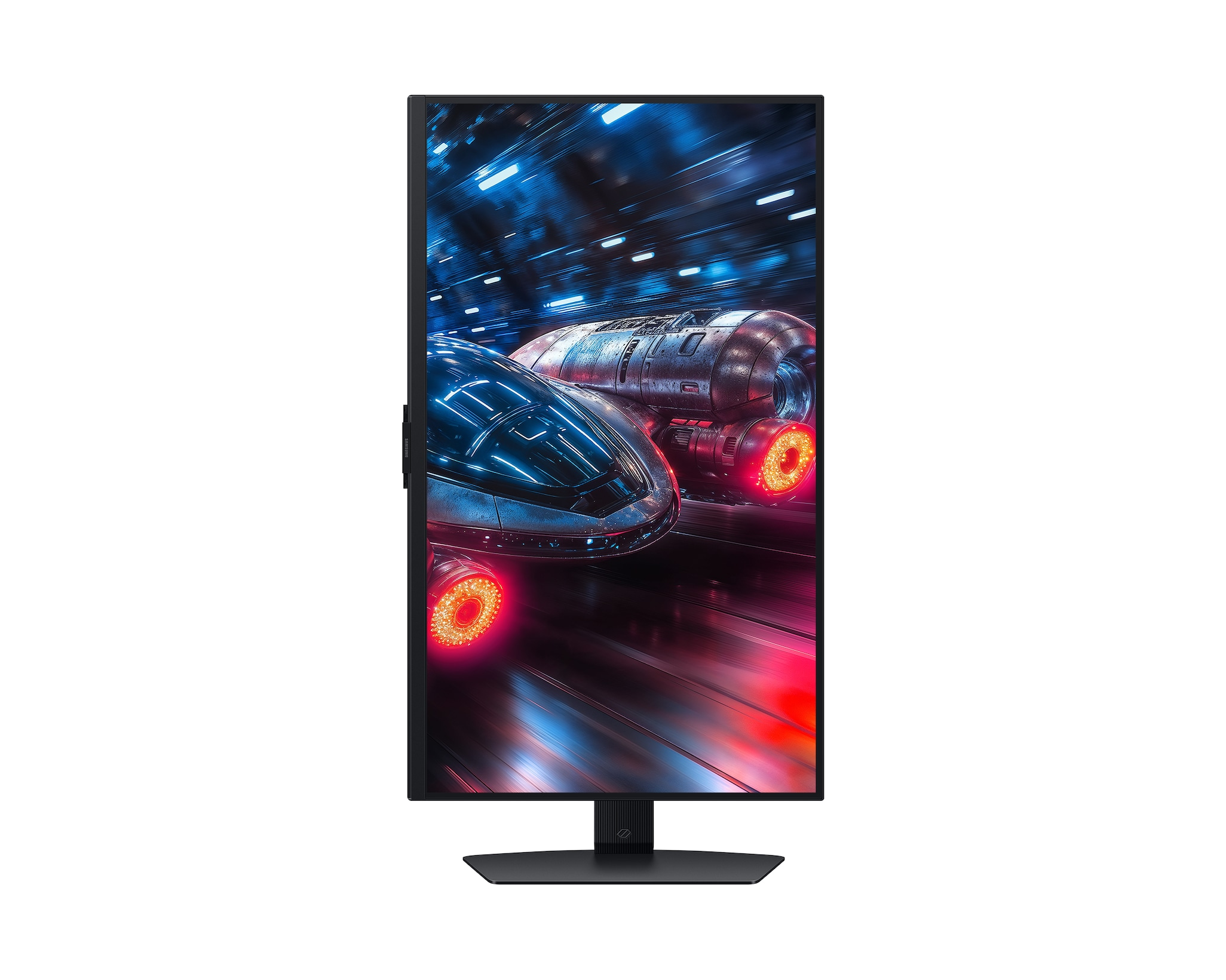 Monitor zeigt eine futuristische Szene mit zwei Raumschiffen, die durch einen Tunnel mit roten und blauen Lichtern rasen.