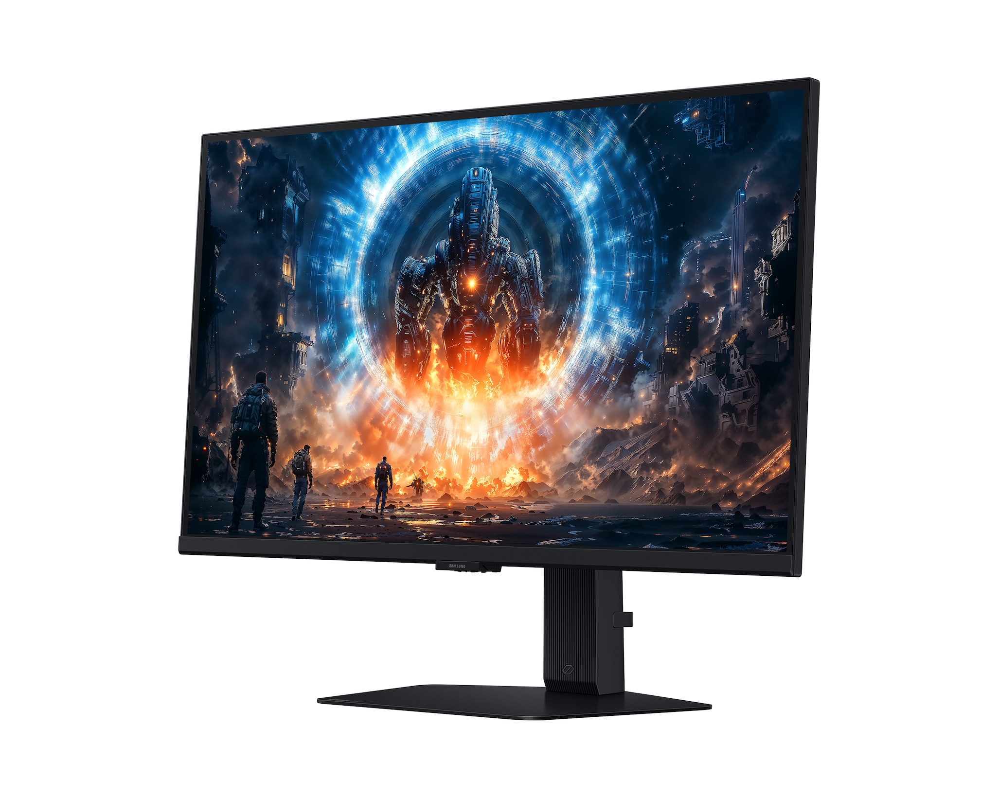 Der Monitor zeigt eine Science-Fiction-Szene mit einem Roboter, zwei Figuren und einer Stadt im Hintergrund.