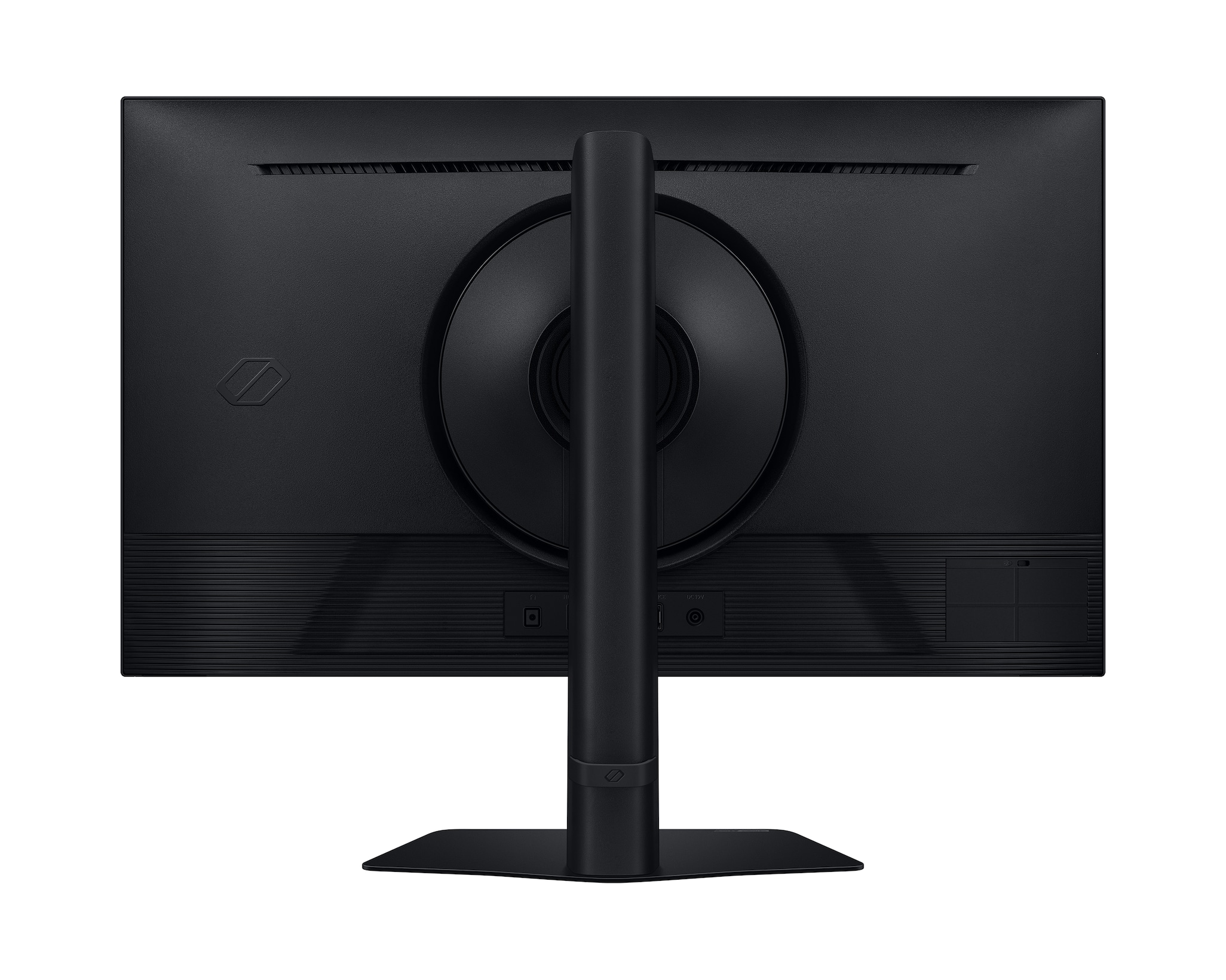 Rückansicht eines schwarzen Computermonitors mit Ständer. Es hat ein Logo und Anschlüsse.