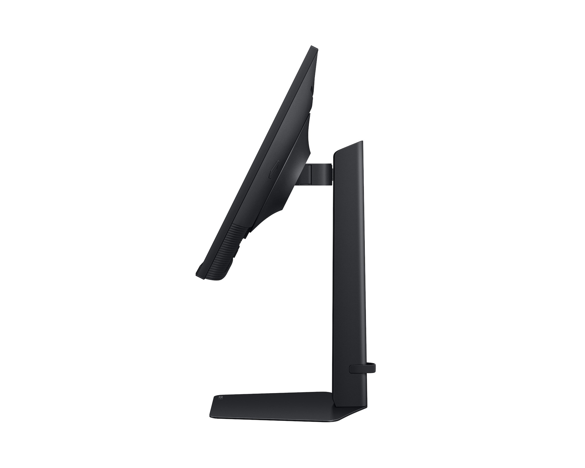 Ein schwarzer Computermonitor auf weißem Hintergrund. Der Monitor ist abgewinkelt und zeigt das Seitenprofil. Der Ständer ist ebenfalls schwarz.